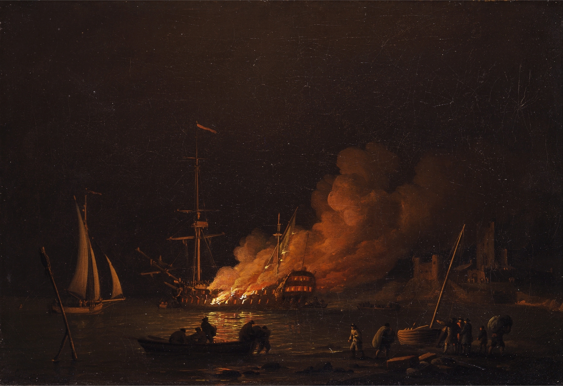 Ship on fire at night, by Charles Brooking, public domain