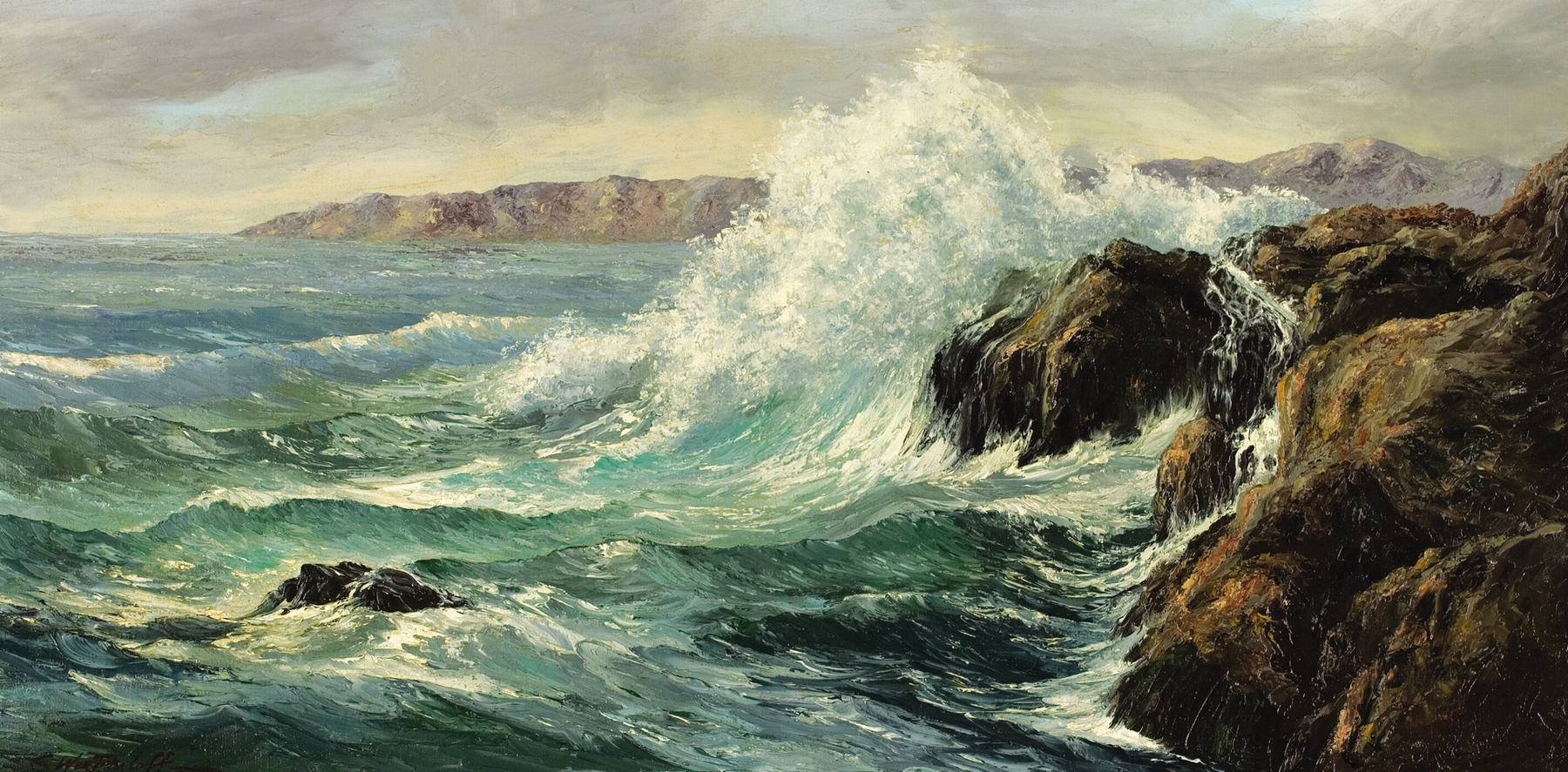 Rocky Seascape by Constantin Westchiloff, oil painting depicting crashing waves and rocky outcrops