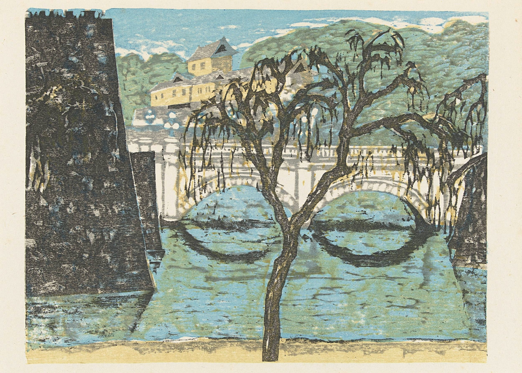 Nijubashi, by Onchi Kōshirō, public domain