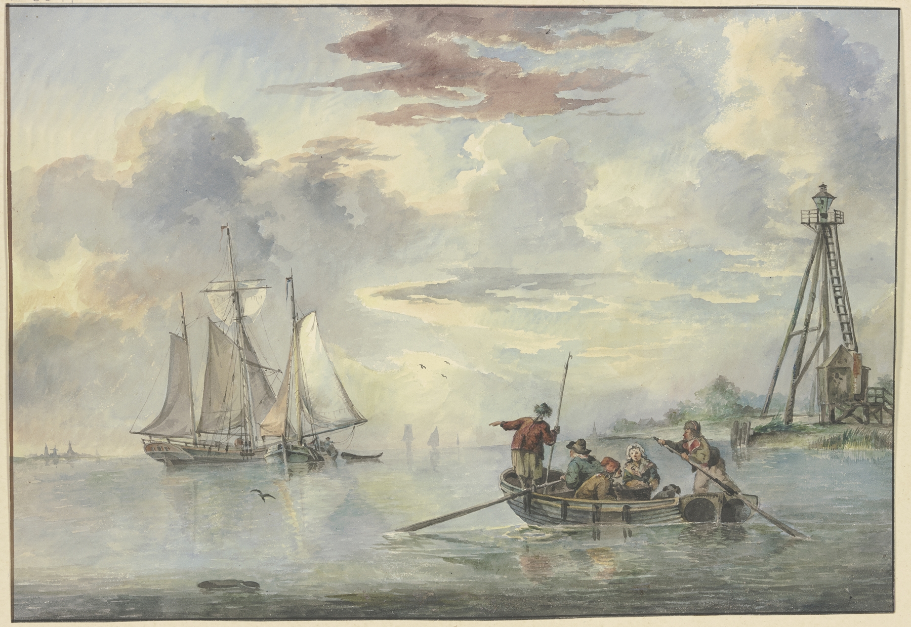 Oil on canvas by Leendert de Koningh depicting a boat approaching ships at dawn.