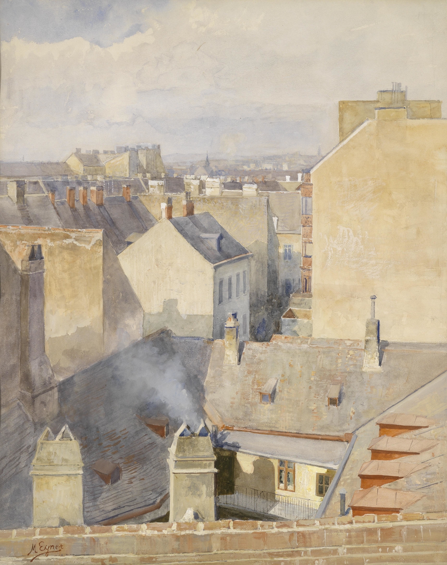 Interior scene with an open window showing a street in Vienna, oil painting by Marie Egner