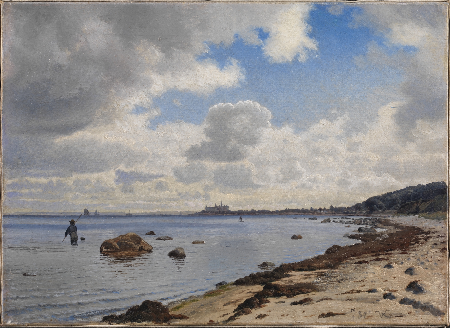 Landscape featuring Kronborg Castle and coastline, oil painting by Vilhelm Kyhn