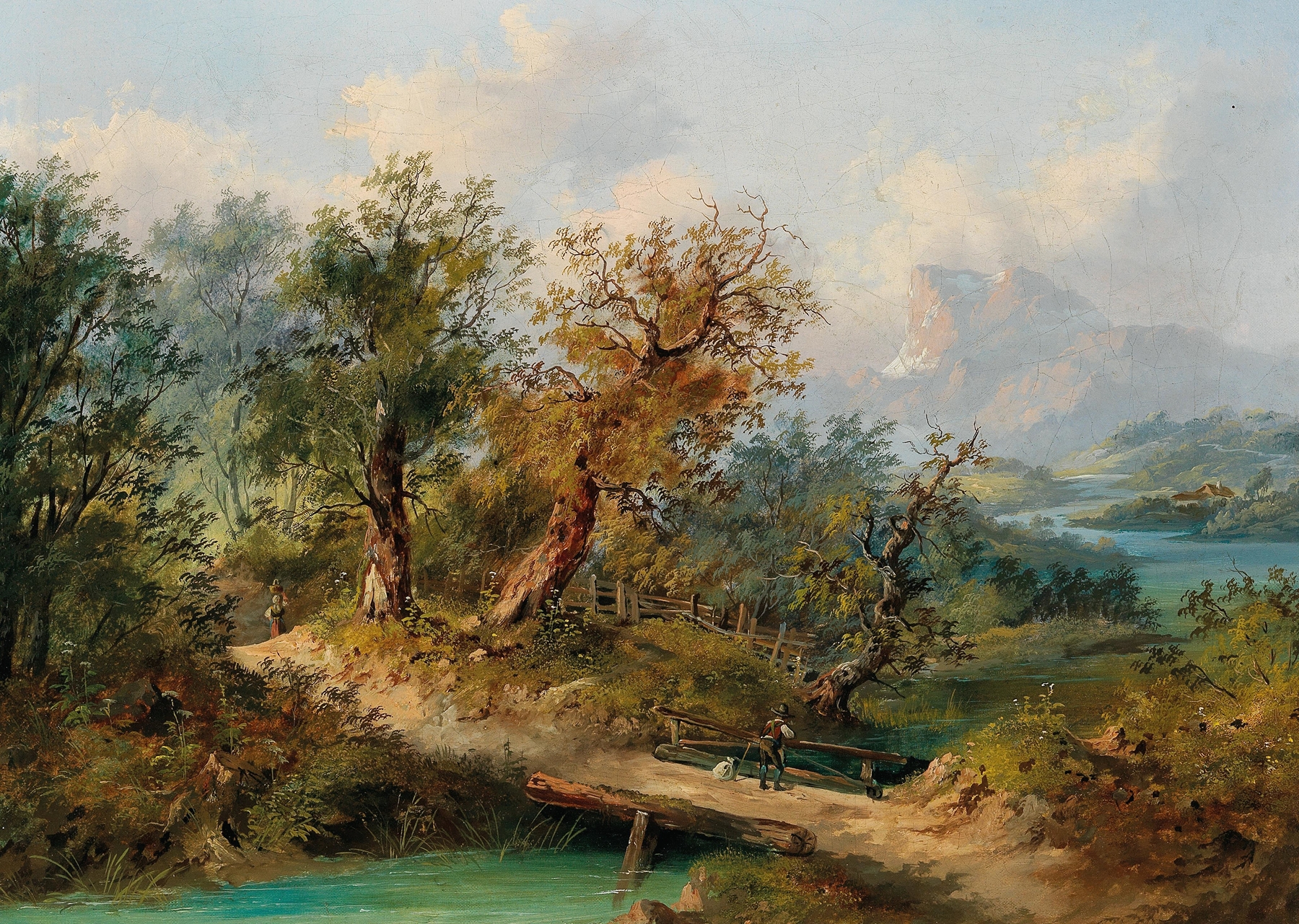 A mountainous landscape with a traveller on a wooden bridge, oil painting by Dominik Schufried