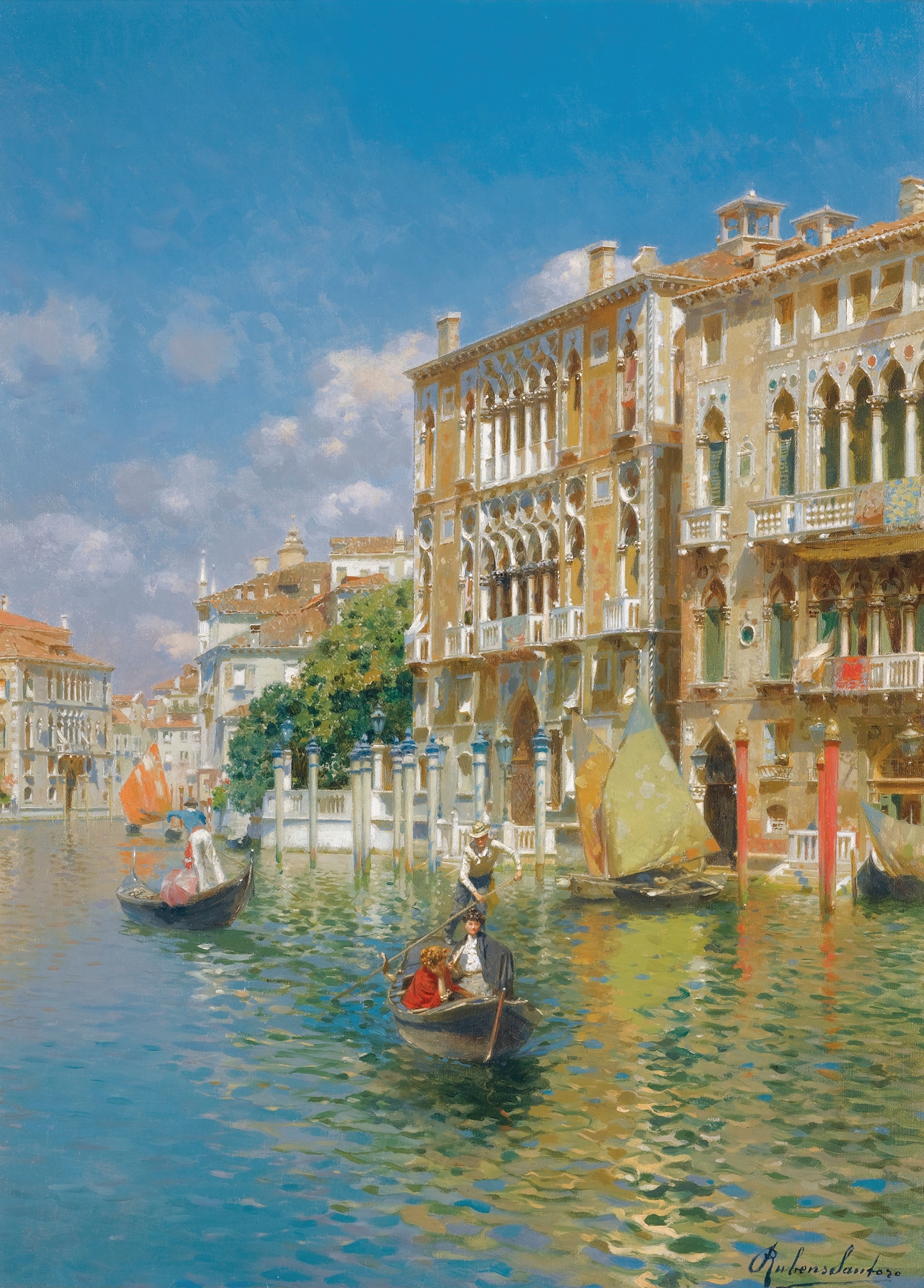 Gondoliers In Front Of The Palazzo Cavalli-Franchetti, Venice, by Rubens Santoro, public domain