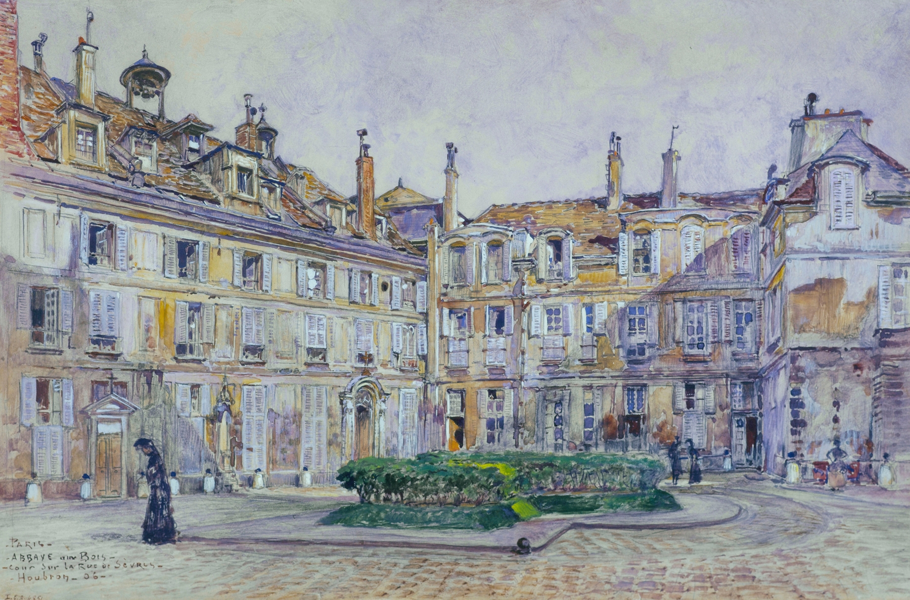 Interior scene of an abbey courtyard, oil on canvas by Frédéric Houbron