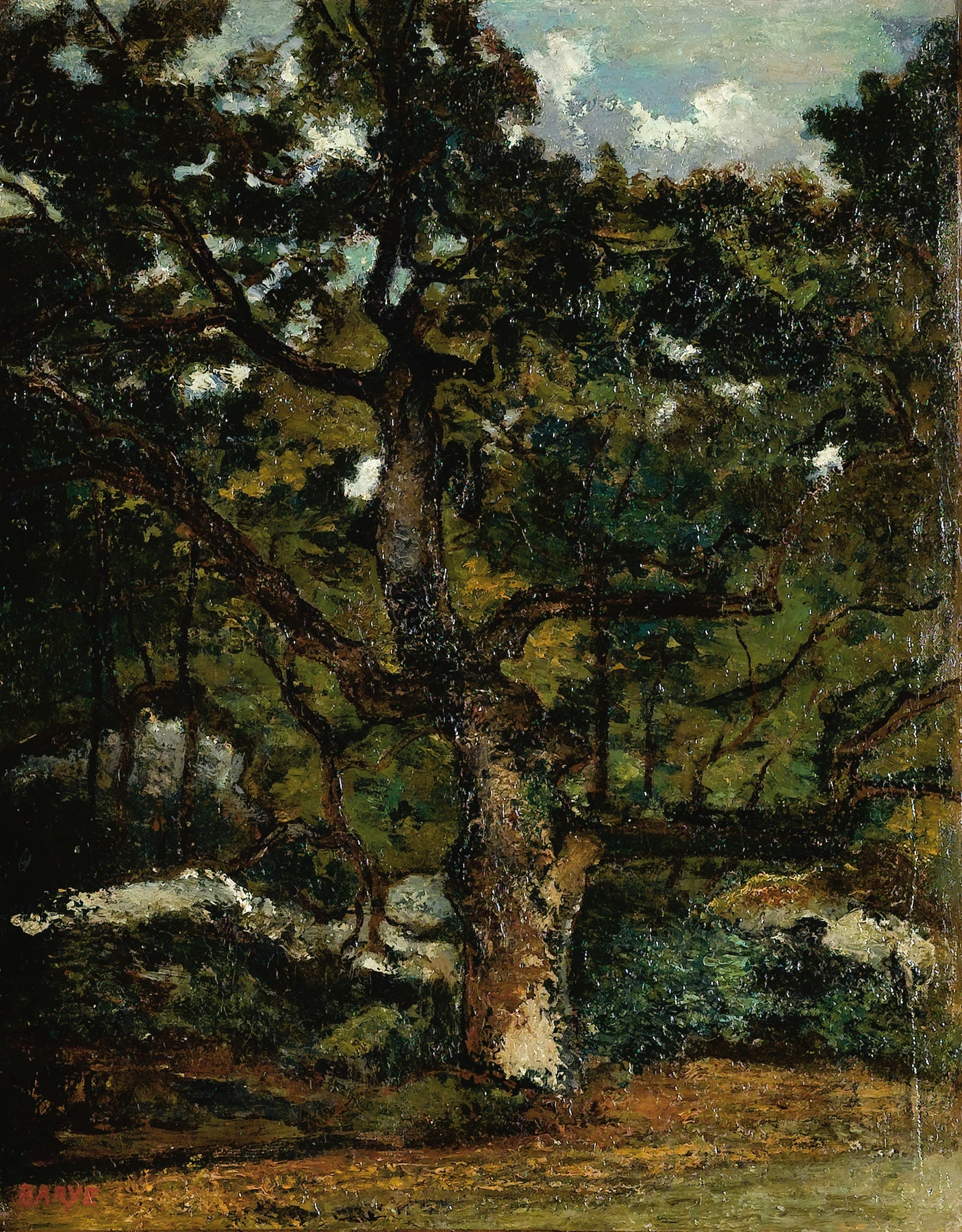 View Of The Fontainebleau Forest, oil on canvas by Antoine-Louis Barye, depicting a lush forest with dappled light.