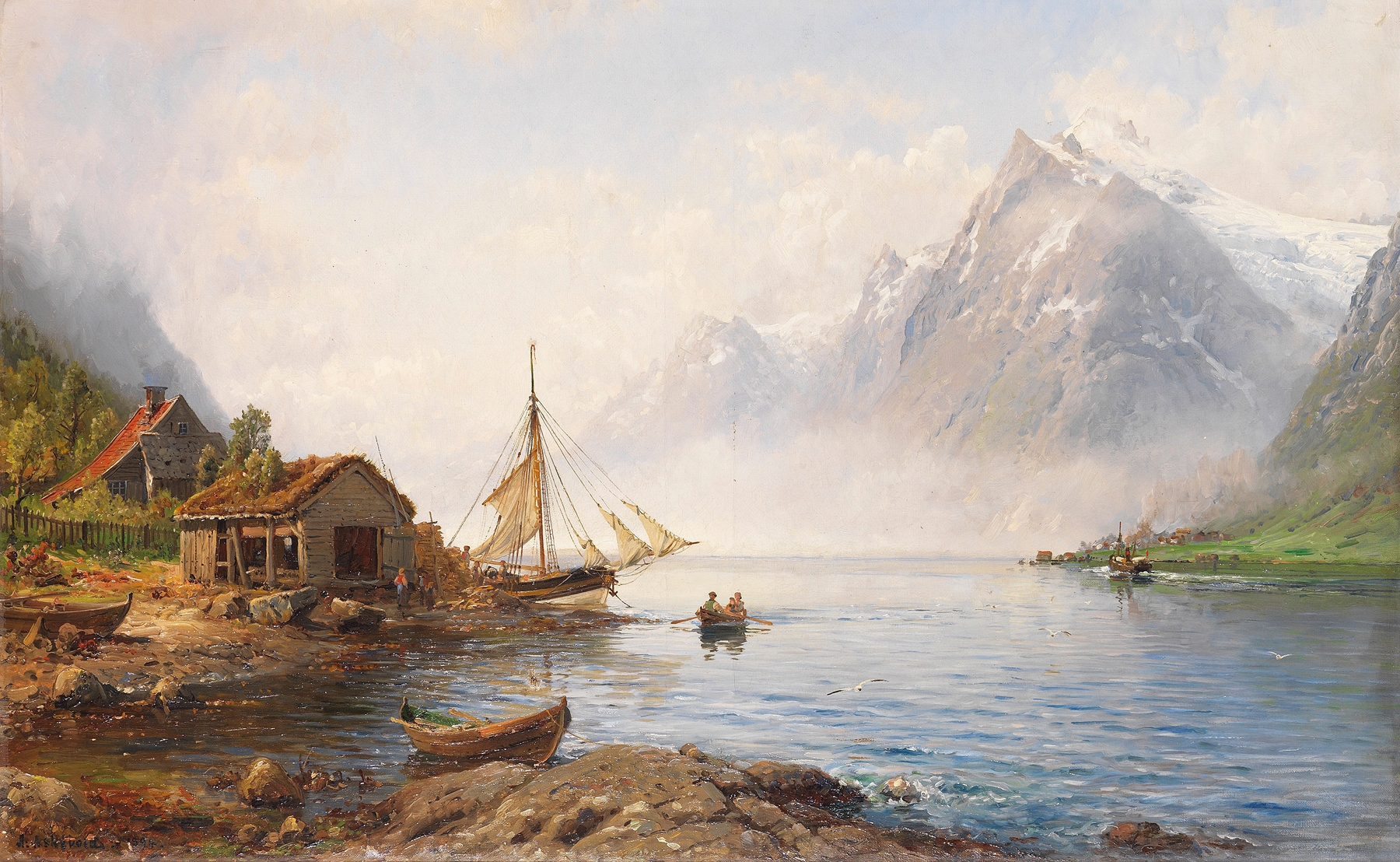 Norwegischer Fjord by Anders Askevold, oil on canvas depicting serene water and mountains