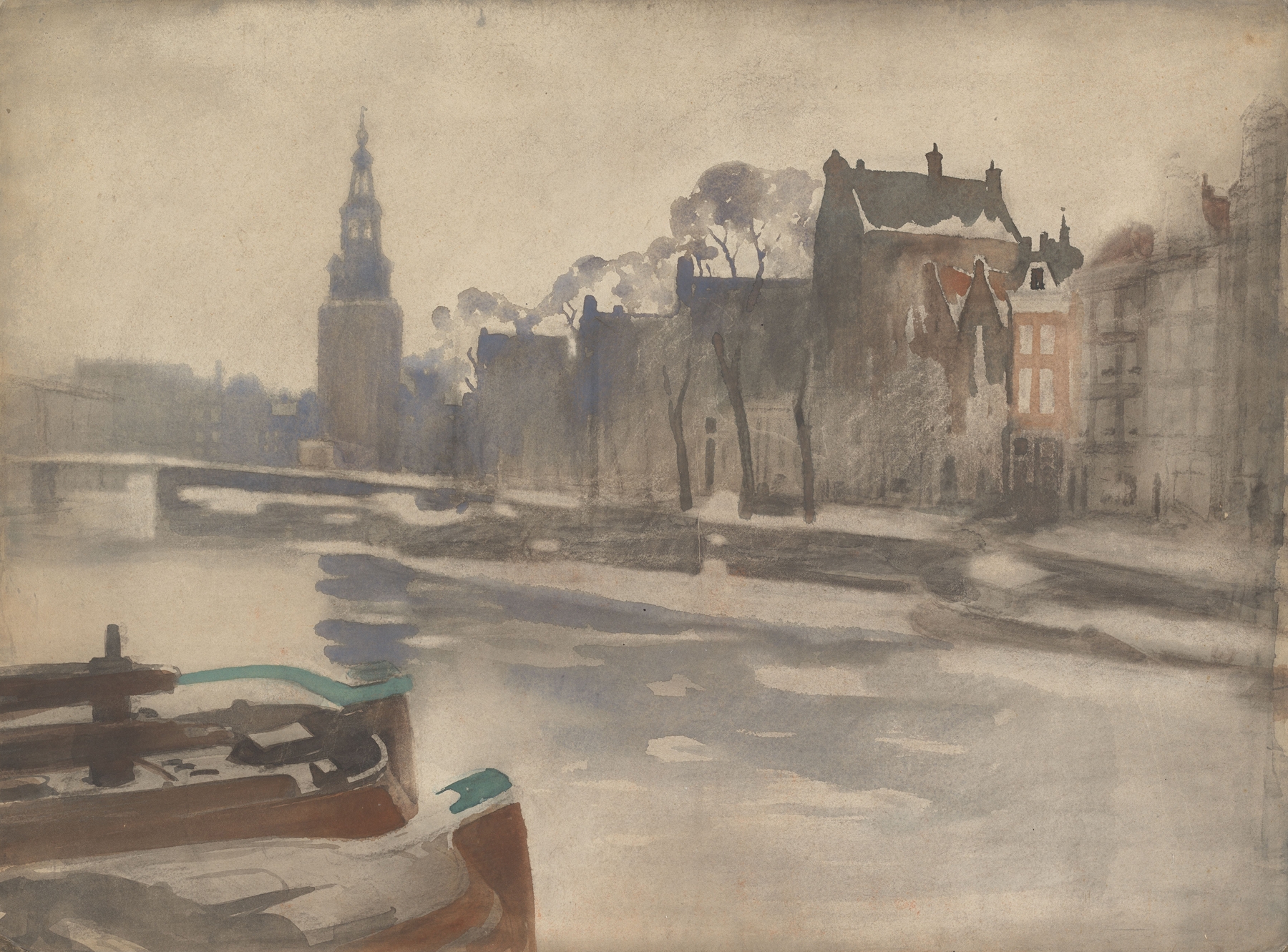 Gezicht over de Oude Schans op de Montelbaanstoren, by Willem Witsen, public domain