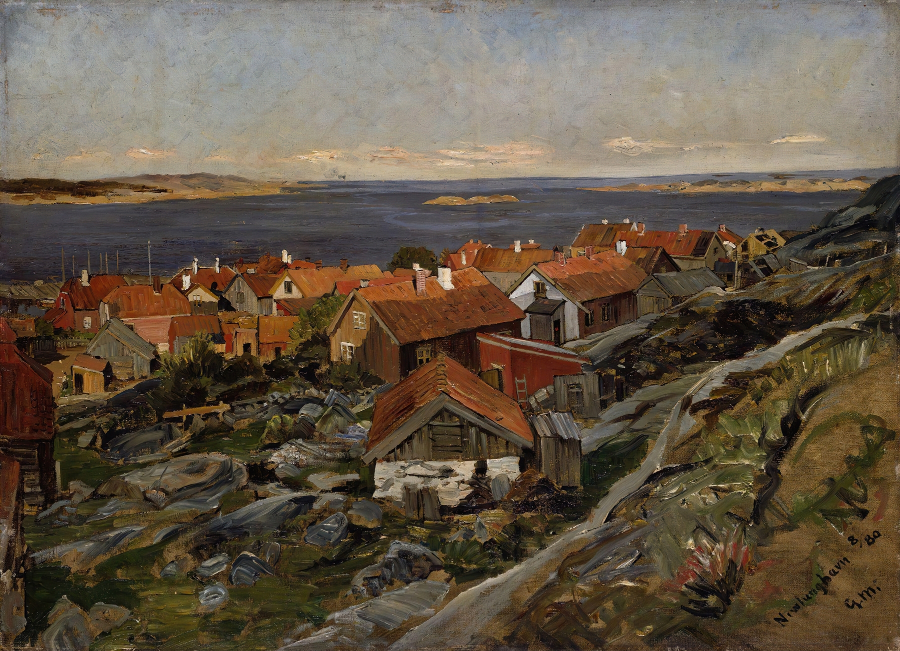 Coastal landscape oil painting by Gerhard Munthe with soft hues and gentle waves.