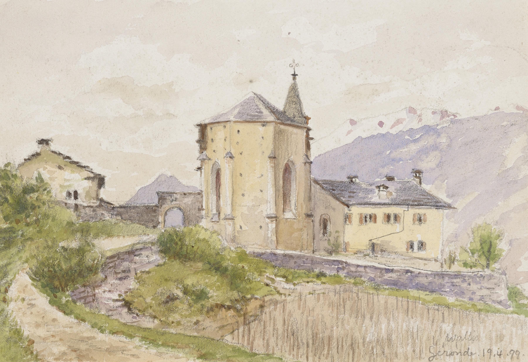 Landscape oil painting by Paul Franz Otto depicting a church in a valley with hills.
