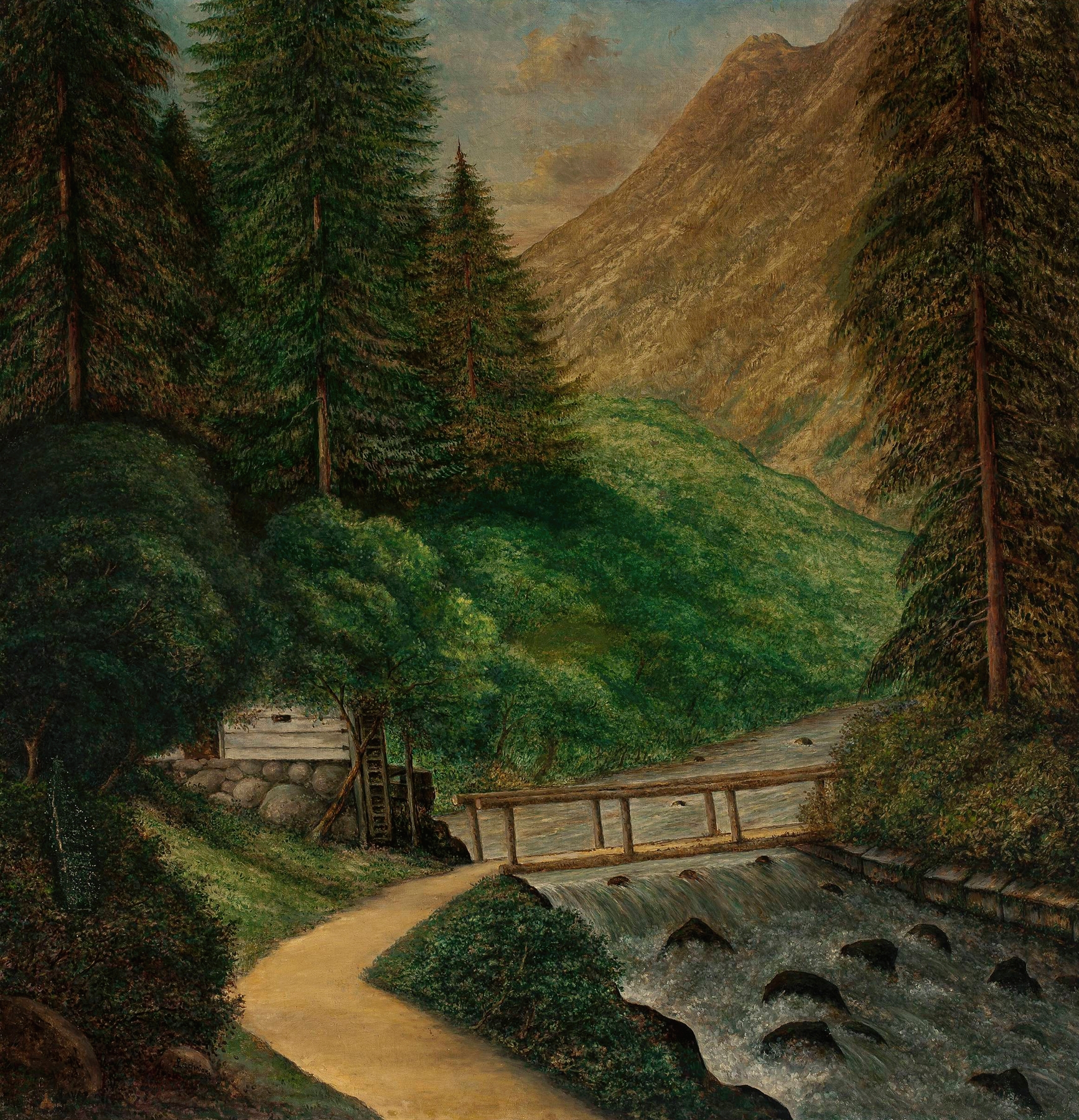 Landscape featuring a mill by Cyprian Lachnicki, oil painting