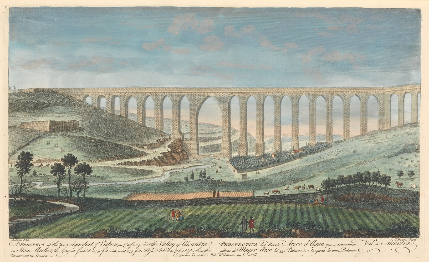 Romanticism oil painting by Thomas Bowles III depicting the New Aqueduct of Lisbon against a blue sky