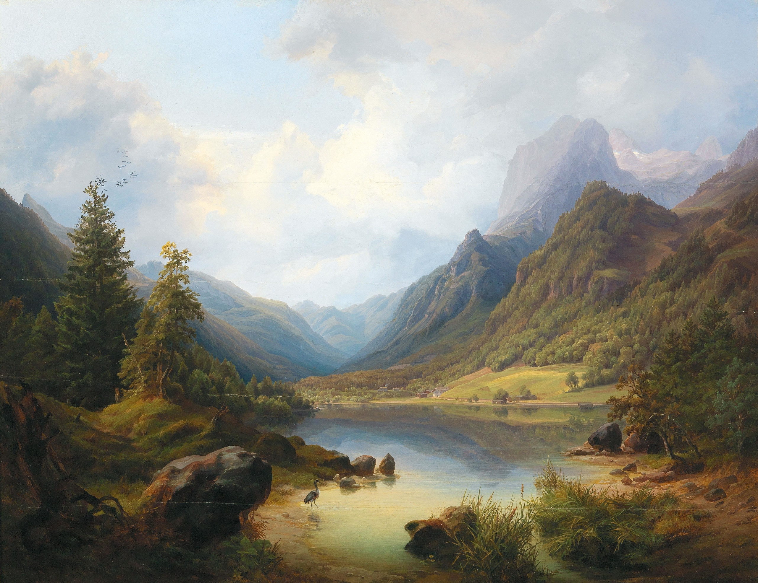A View Of Hintersee With Reiteralm by Anton Schiffer, oil painting depicting mountains and lake.