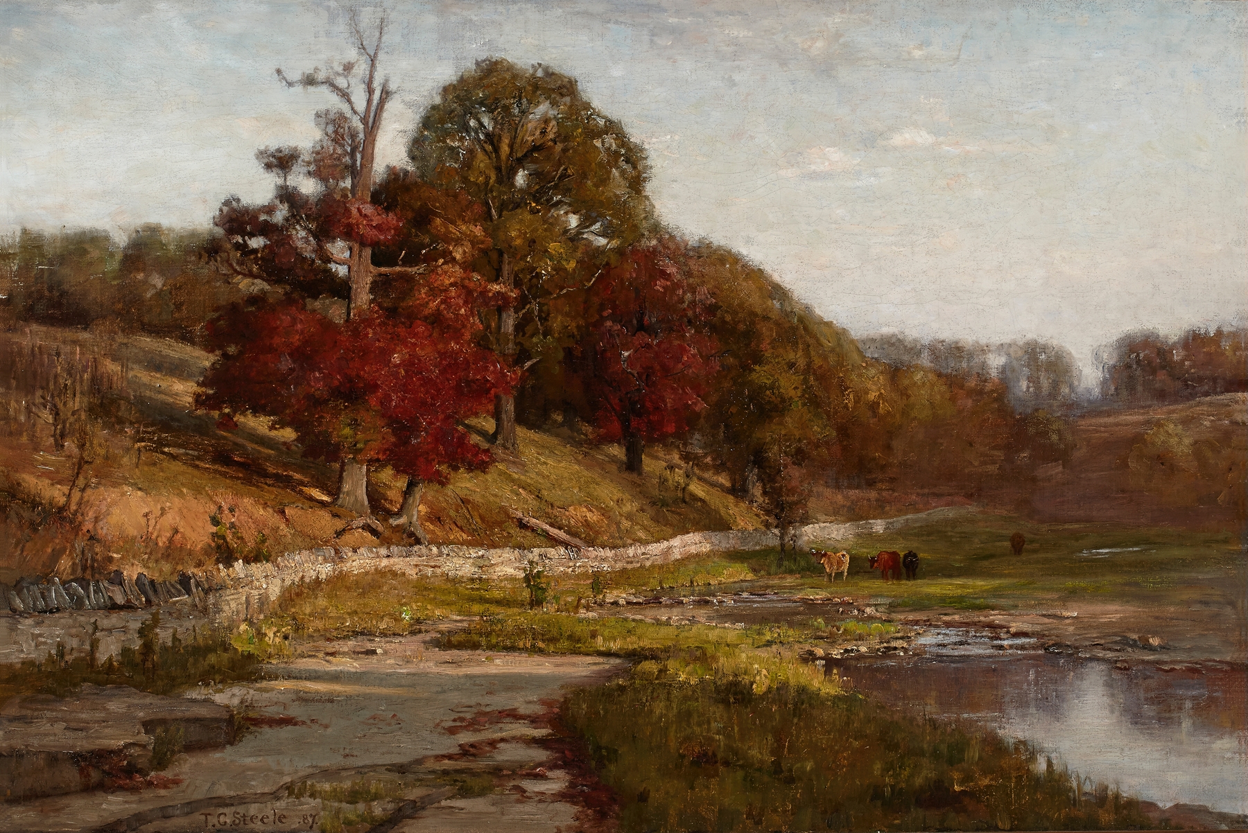 Oaks of Vernon, oil on canvas by Theodore Clement Steele depicting a serene forest scene.