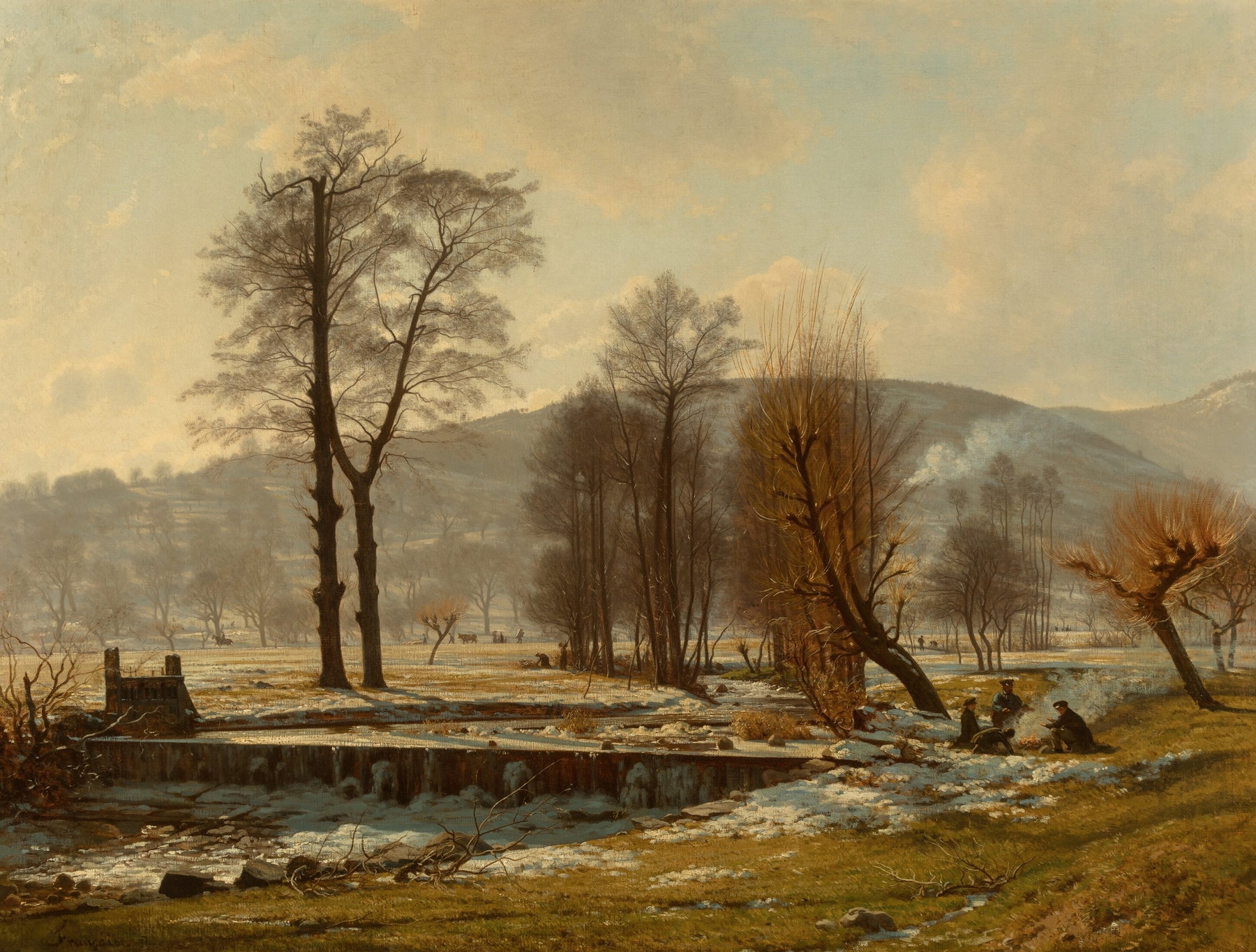 Winter landscape with snow and bare trees by Francois-Louis Français, oil painting