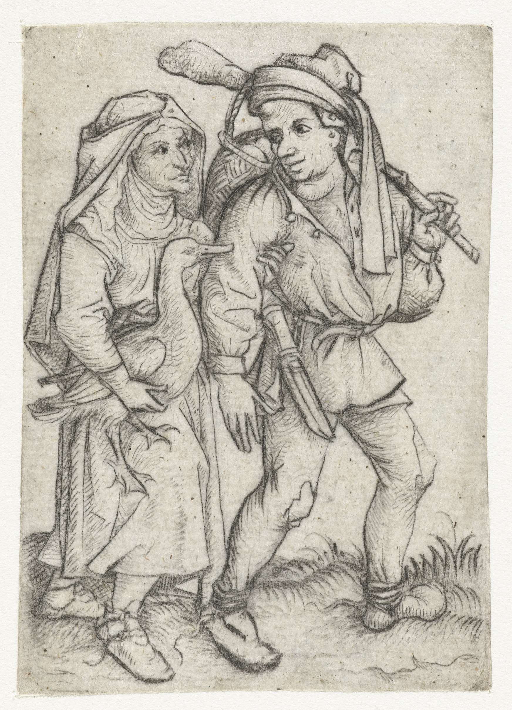 Portrait of a couple in traditional attire, drypoint by Meester van het Amsterdamse Kabinet