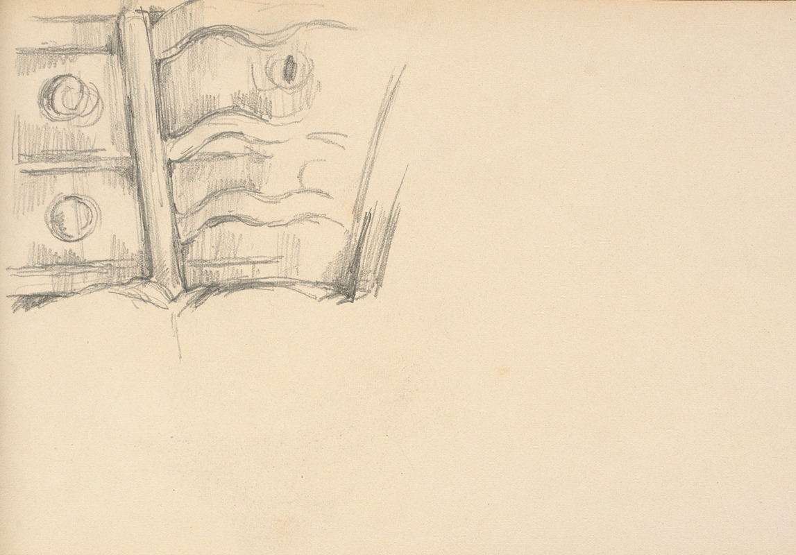 A still life painting featuring a chair and dresser by Paul Cézanne.