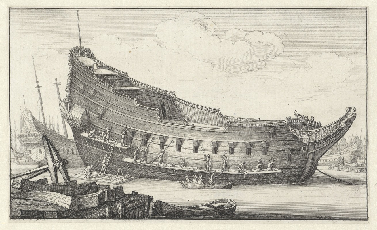A detailed etching depicting men working on a ship's hull.