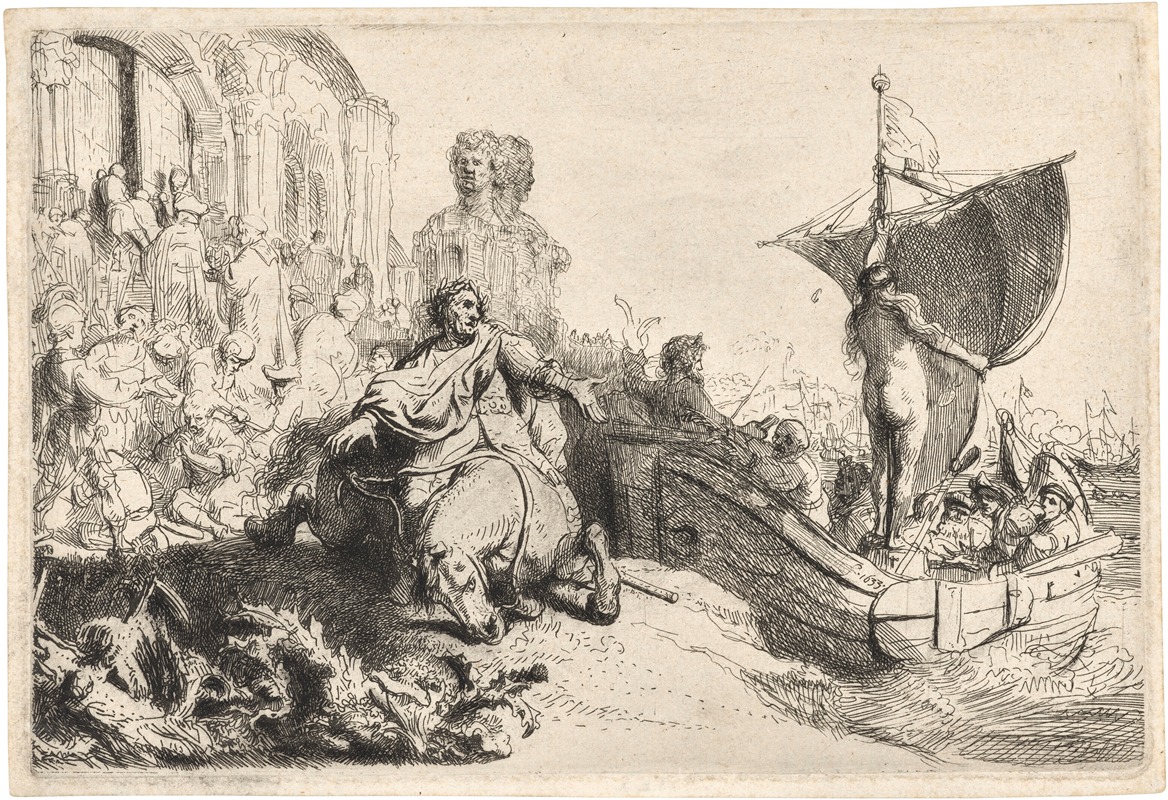 The Ship of Fortune by Rembrandt van Rijn depicts a dramatic maritime scene.