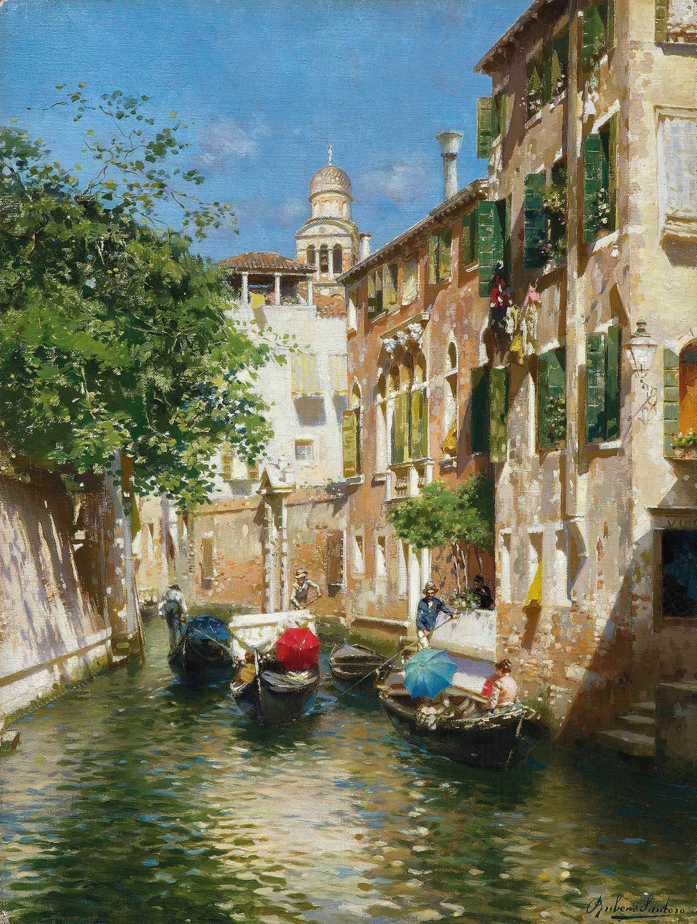 Gondoliers on a Venetian canal, by Rubens Santoro, public domain