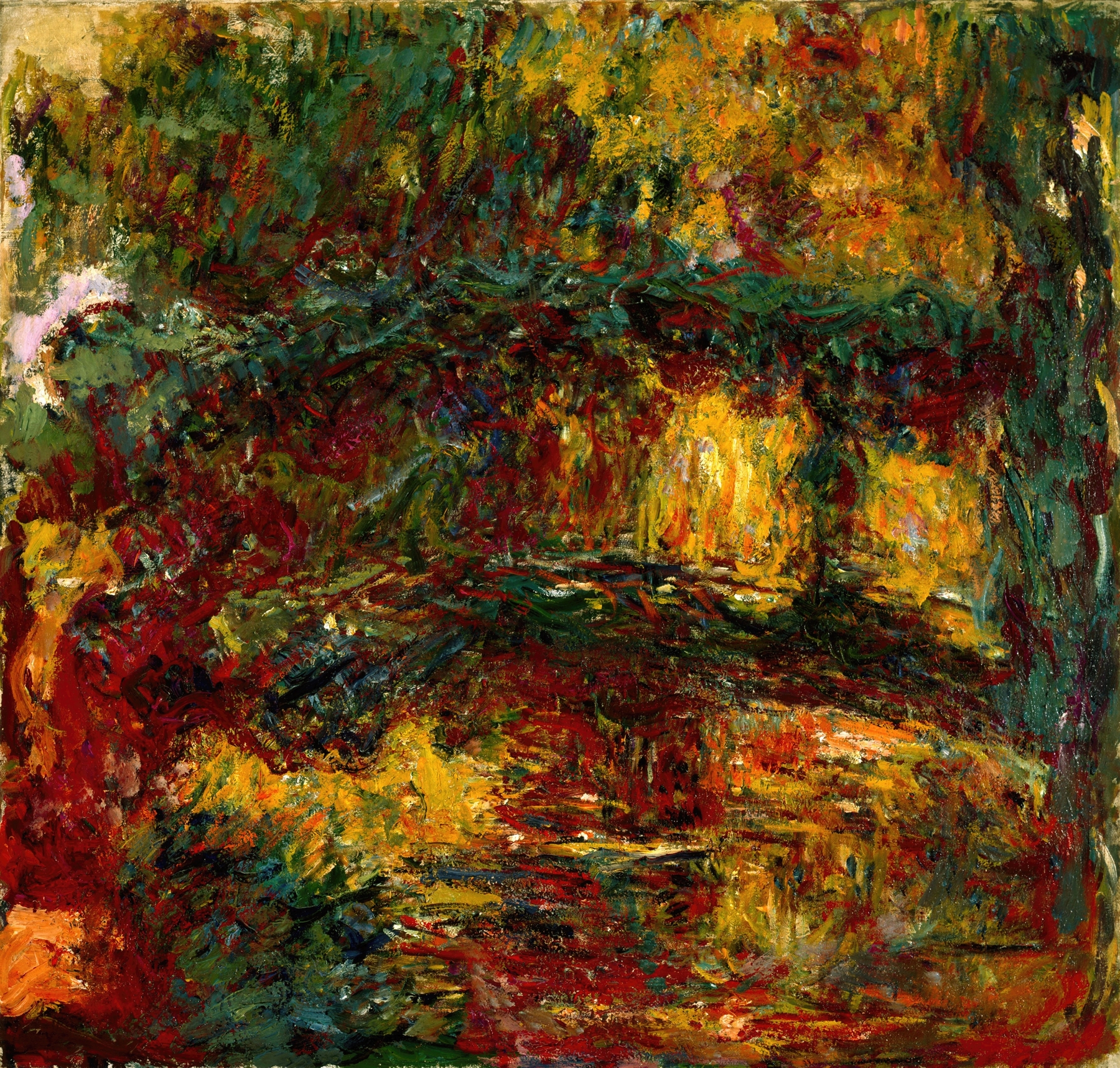 The Japanese Footbridge, oil on canvas by Claude Monet, featuring a bridge over a tranquil pond.