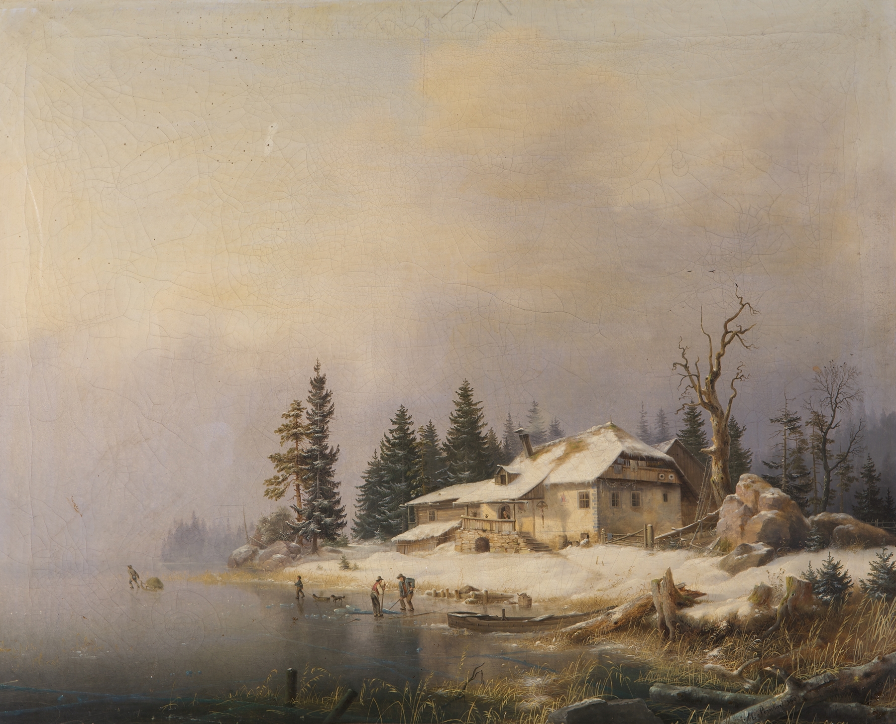 Winter landscape oil painting by Marcus Pernhardt featuring a farm by a lake.