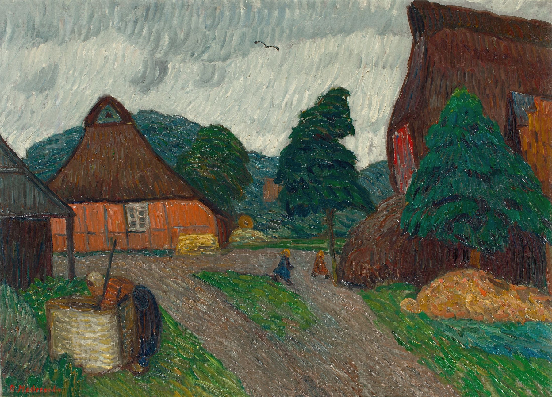 Frühjahrsabendsonne in der Bredenau (Banehrs Hof), by Otto Modersohn, public domain