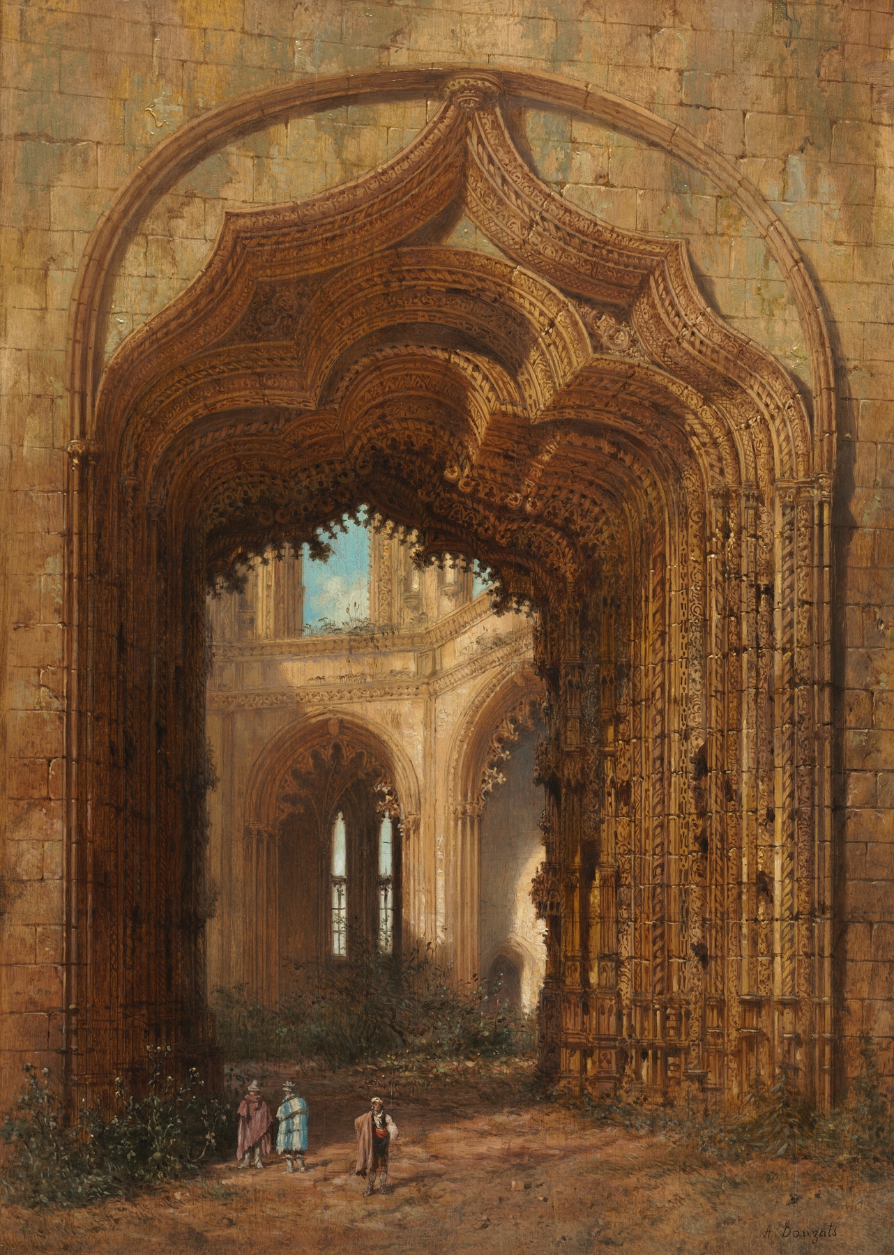 Ruined Church by Adrien Dauzats, oil on canvas depicting a decaying church at sunset