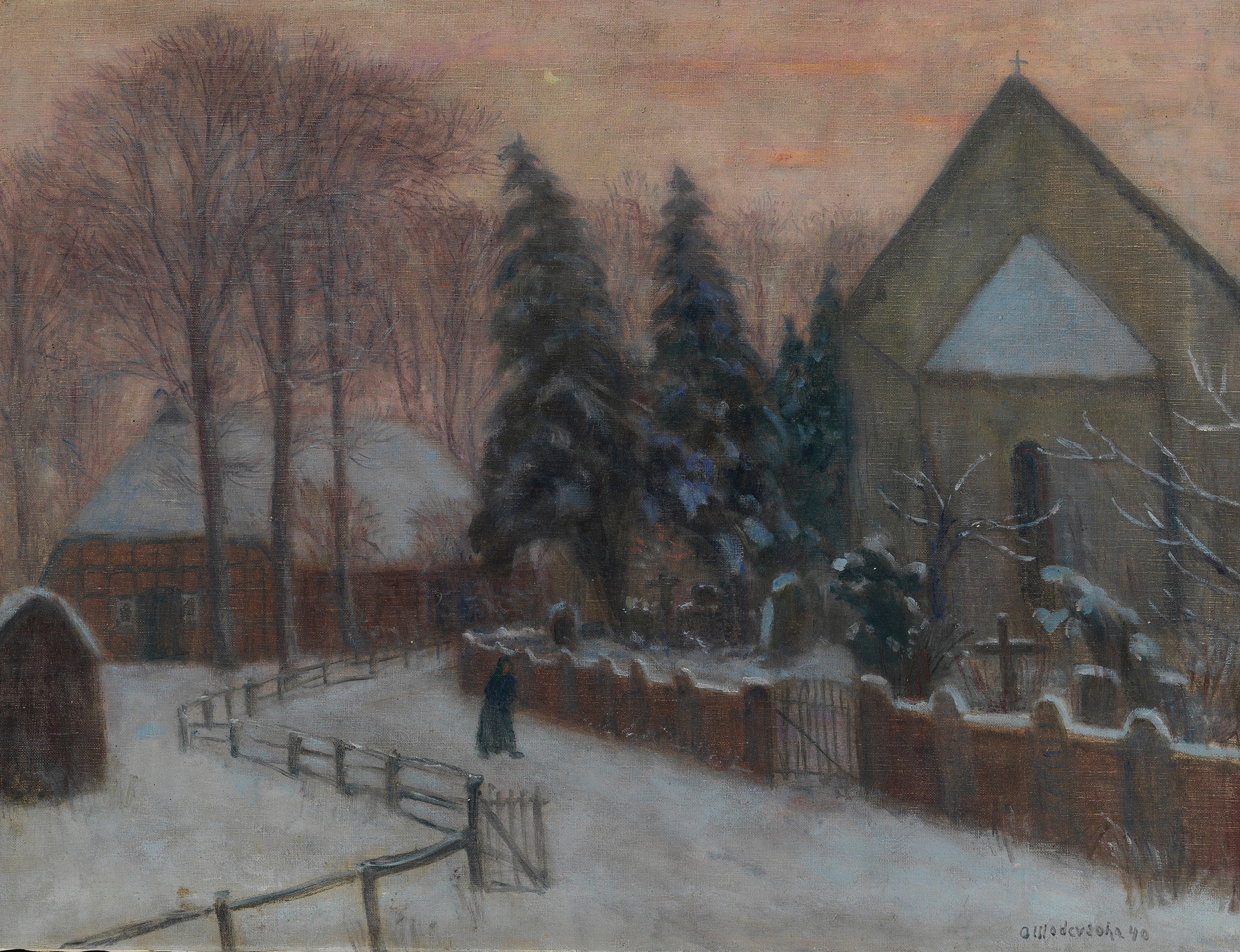 Winterabend, Fischerhuder Kirche mit Heimathaus, by Otto Modersohn, public domain