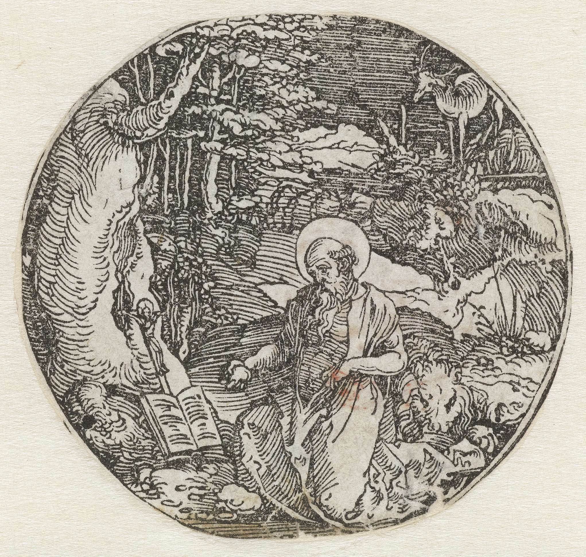 Saint Jerome in a forest, illuminated by light, paper artwork by Hans Springinklee