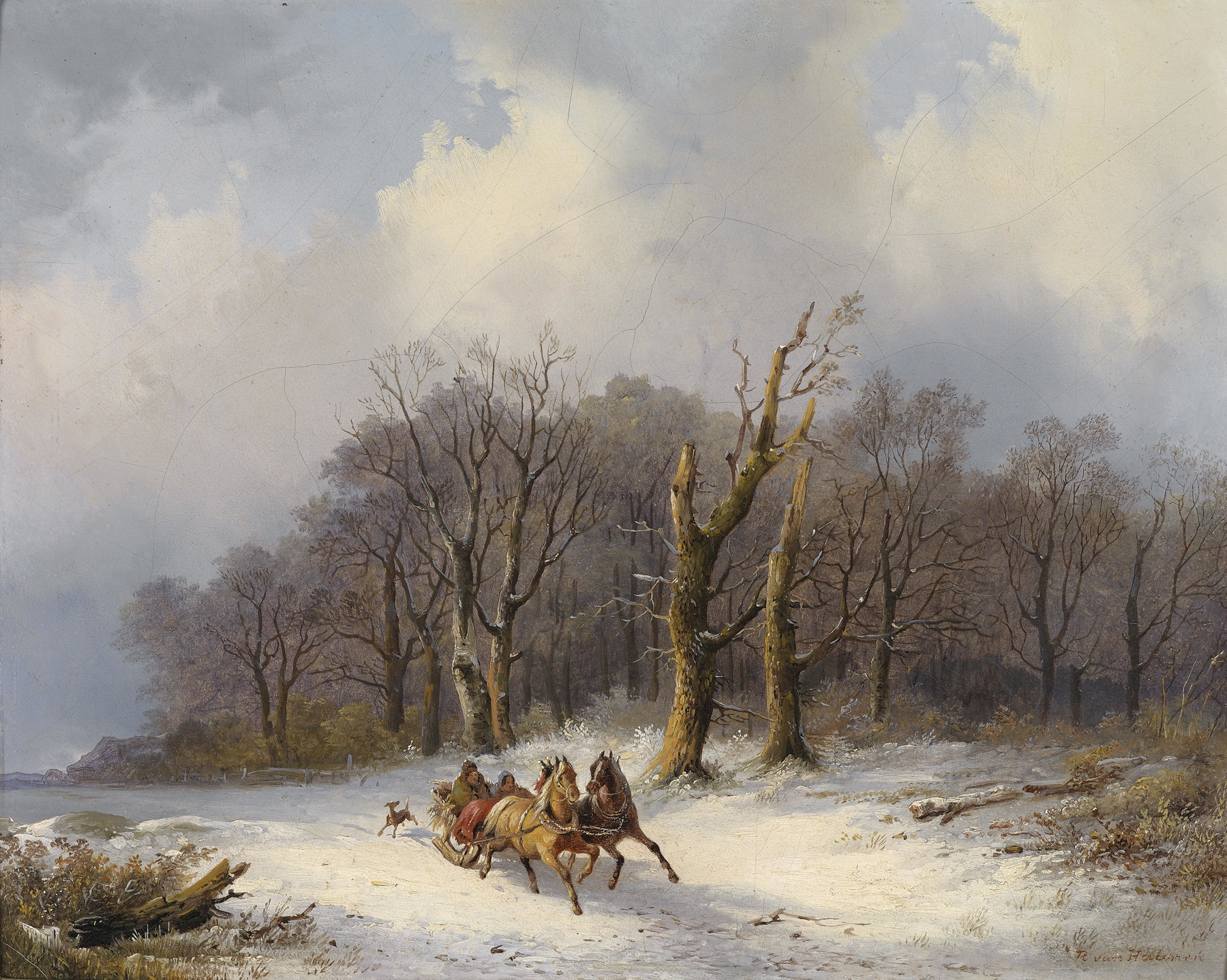 Winterlandschaft mit Pferdeschlitten, by Remigius Adrianus van Haanen, public domain