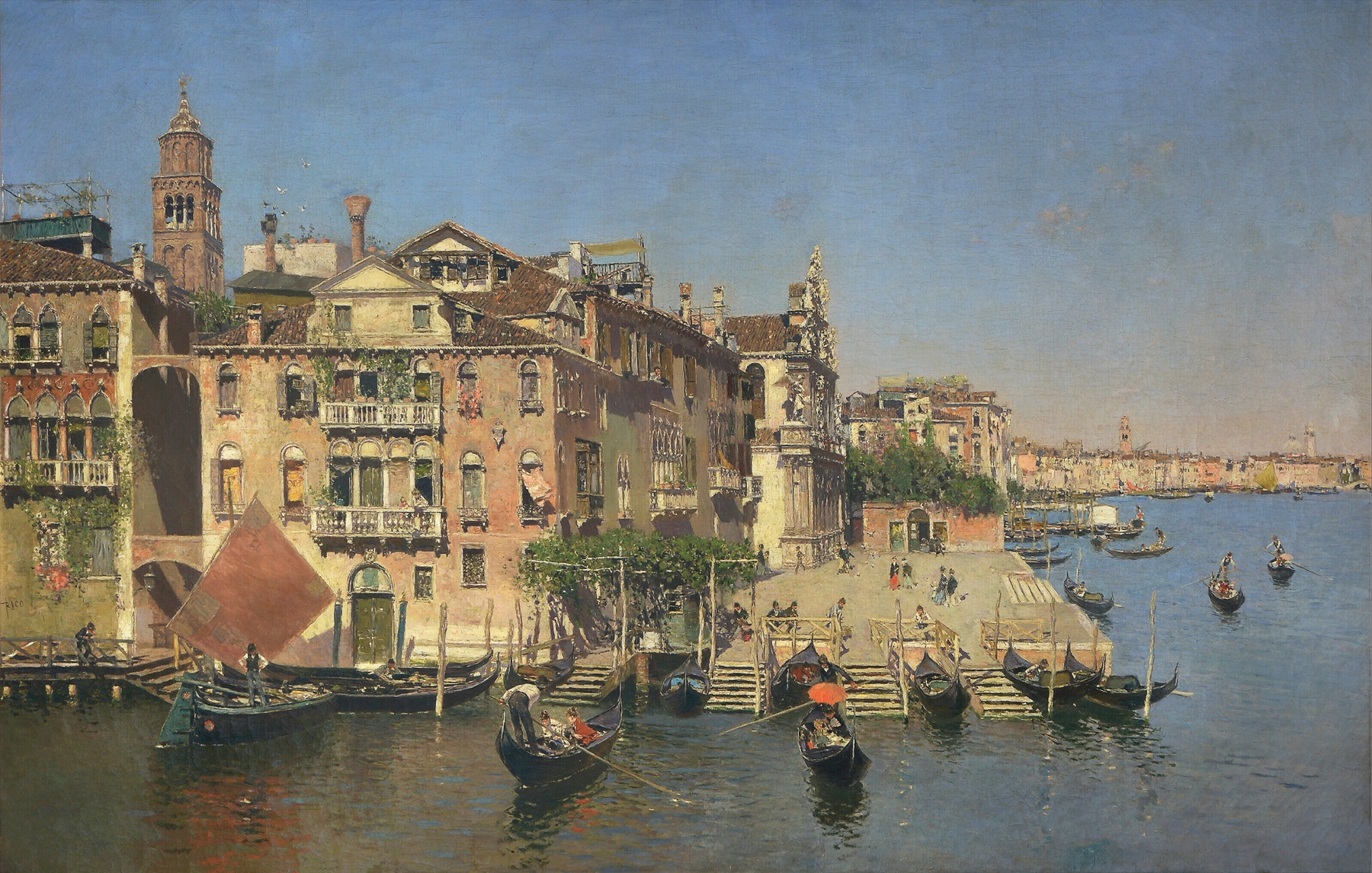 Oil painting of Venice by Martin Rico y Ortega, showcasing canals and architectural reflections.