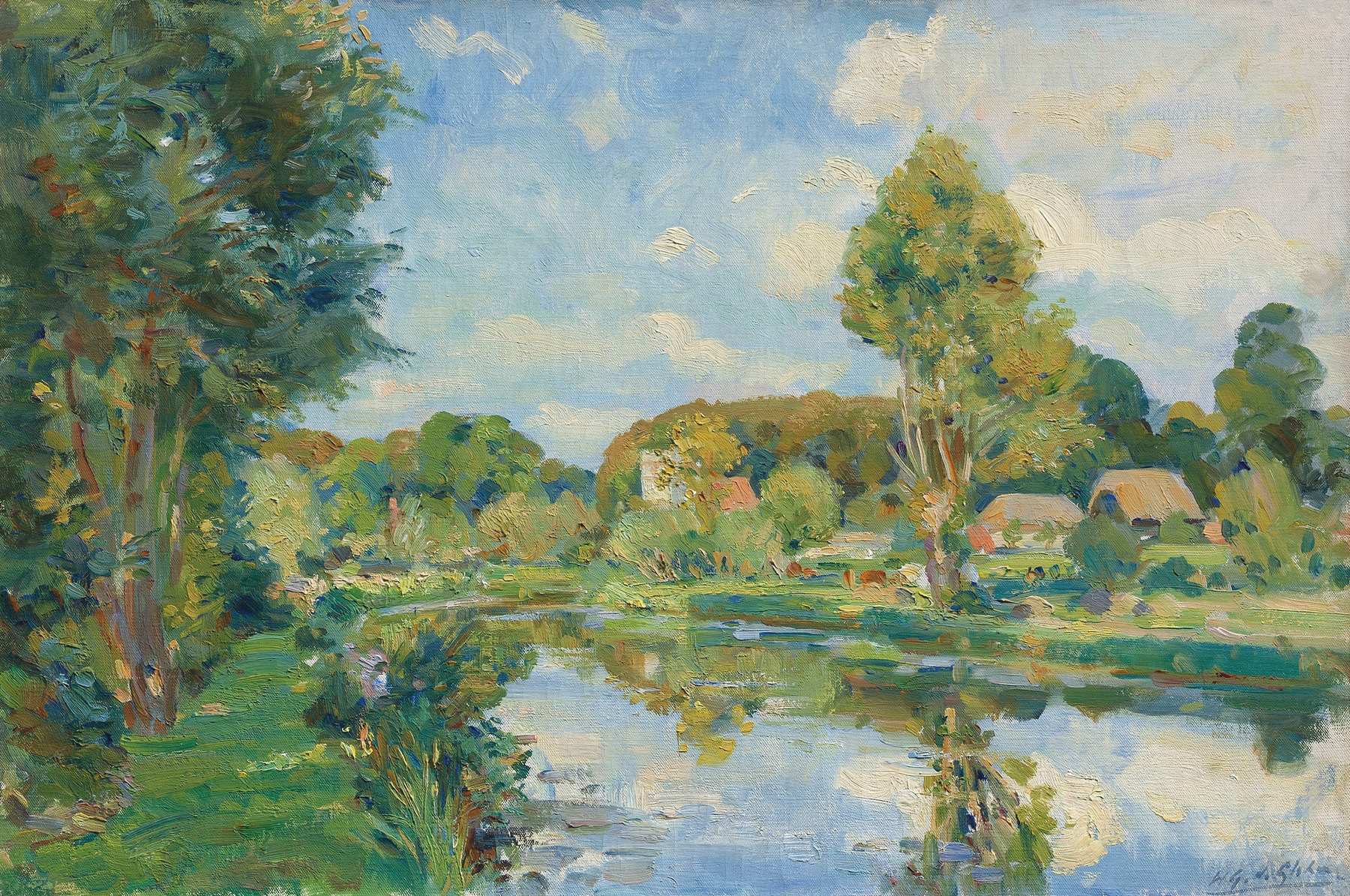The Avon, near Great Dunsford by Wilfrid Gabriel de Glehn, oil on canvas depicting a tranquil river landscape.
