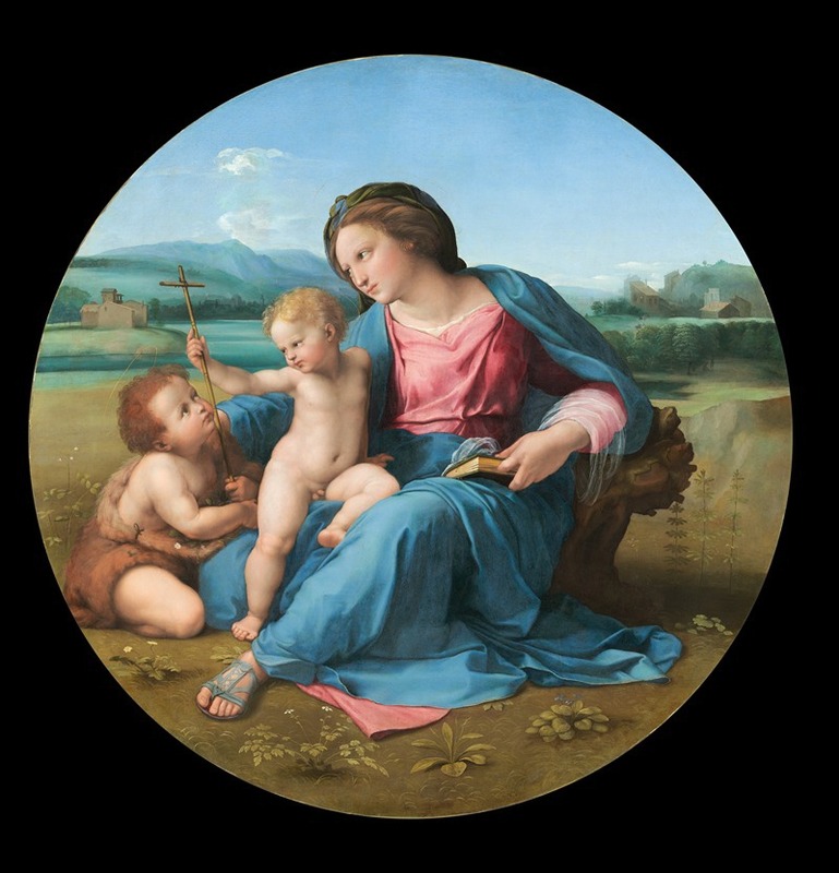 The Alba Madonna by Raphael depicts the Virgin Mary with the Christ Child and John the Baptist.