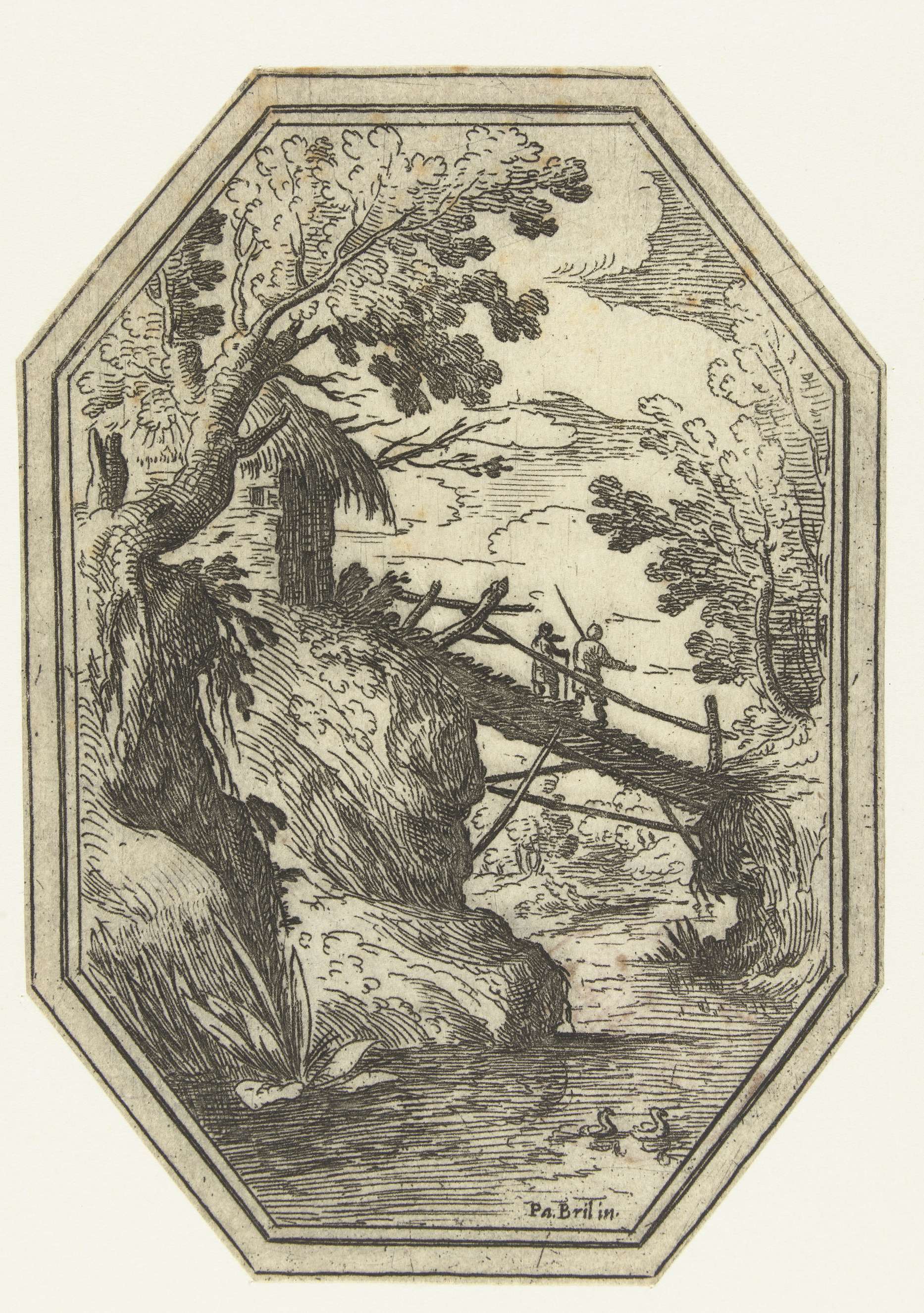 Landschap met houten bruggetje in octagonaal kader, by Paul Bril, public domain