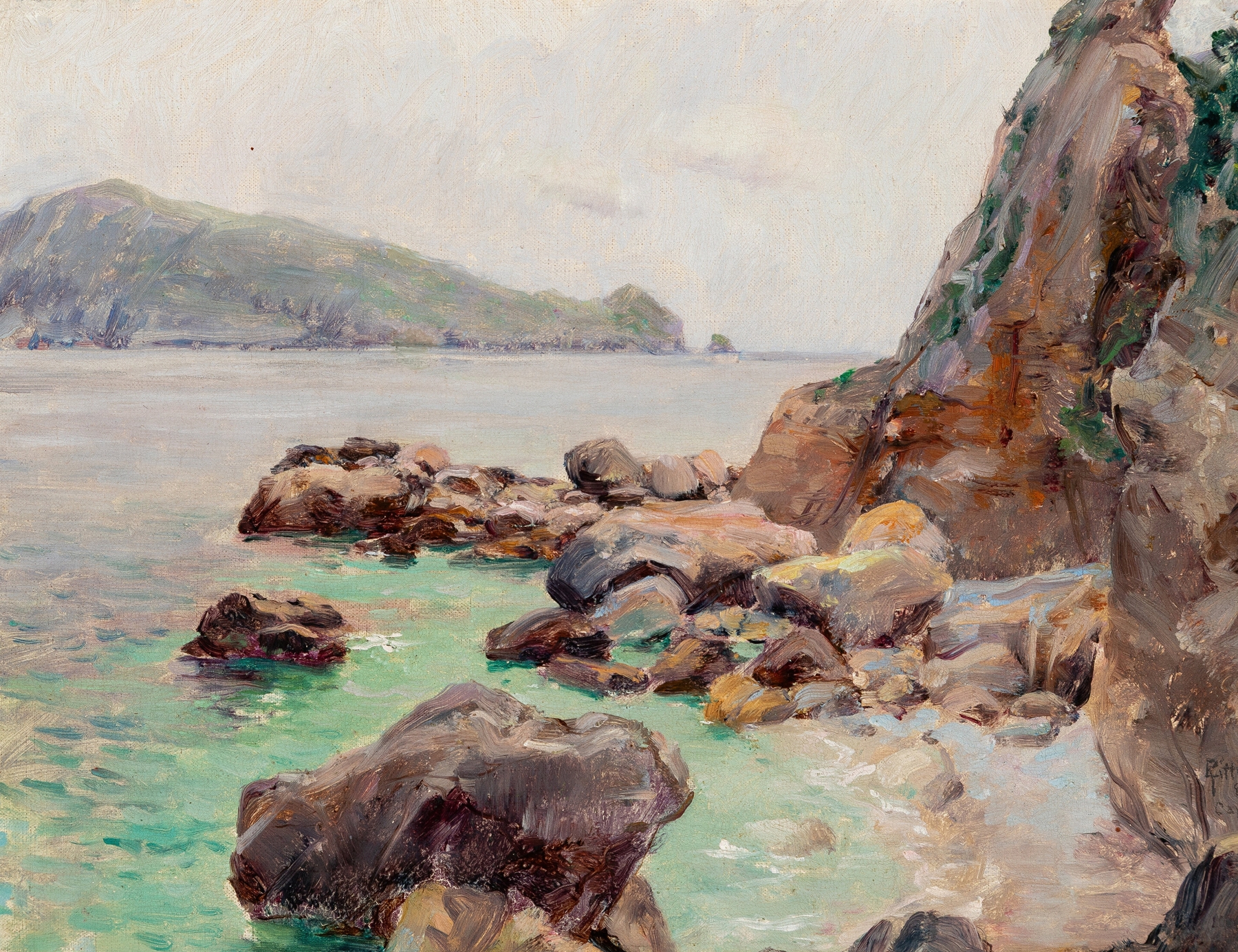 Coast of Capri by Louis Ritter, oil on canvas depicting a tranquil marine landscape