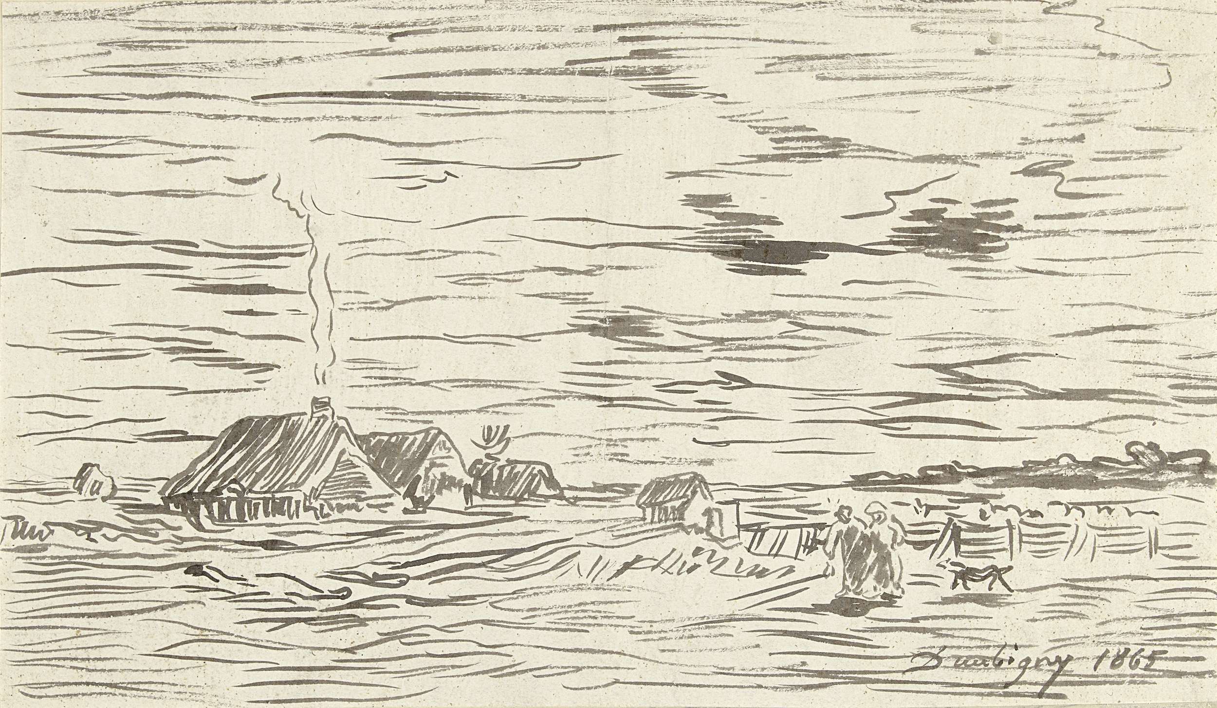 Boerenhuizen in vlak land, by Charles-François Daubigny, public domain