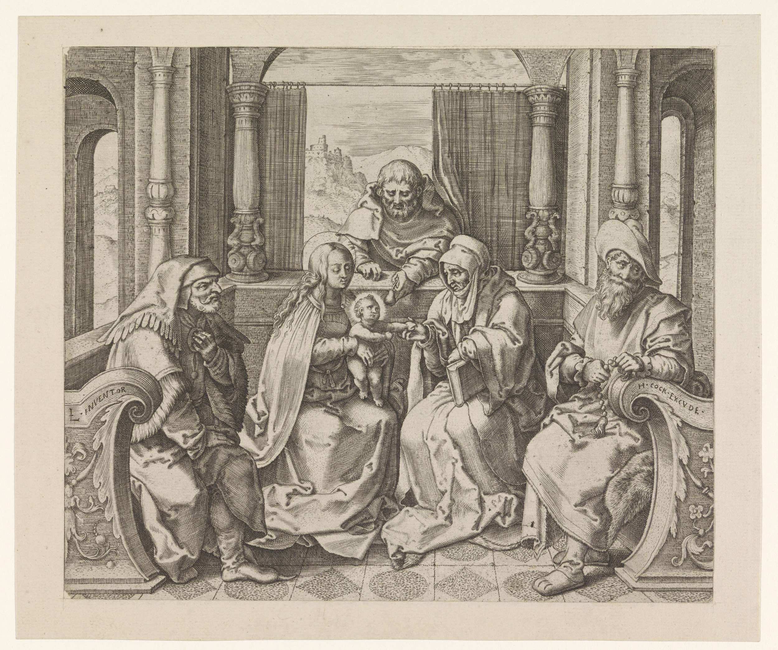 Engraving depicting Anna, Joseph, and two male saints by Unknown Artist