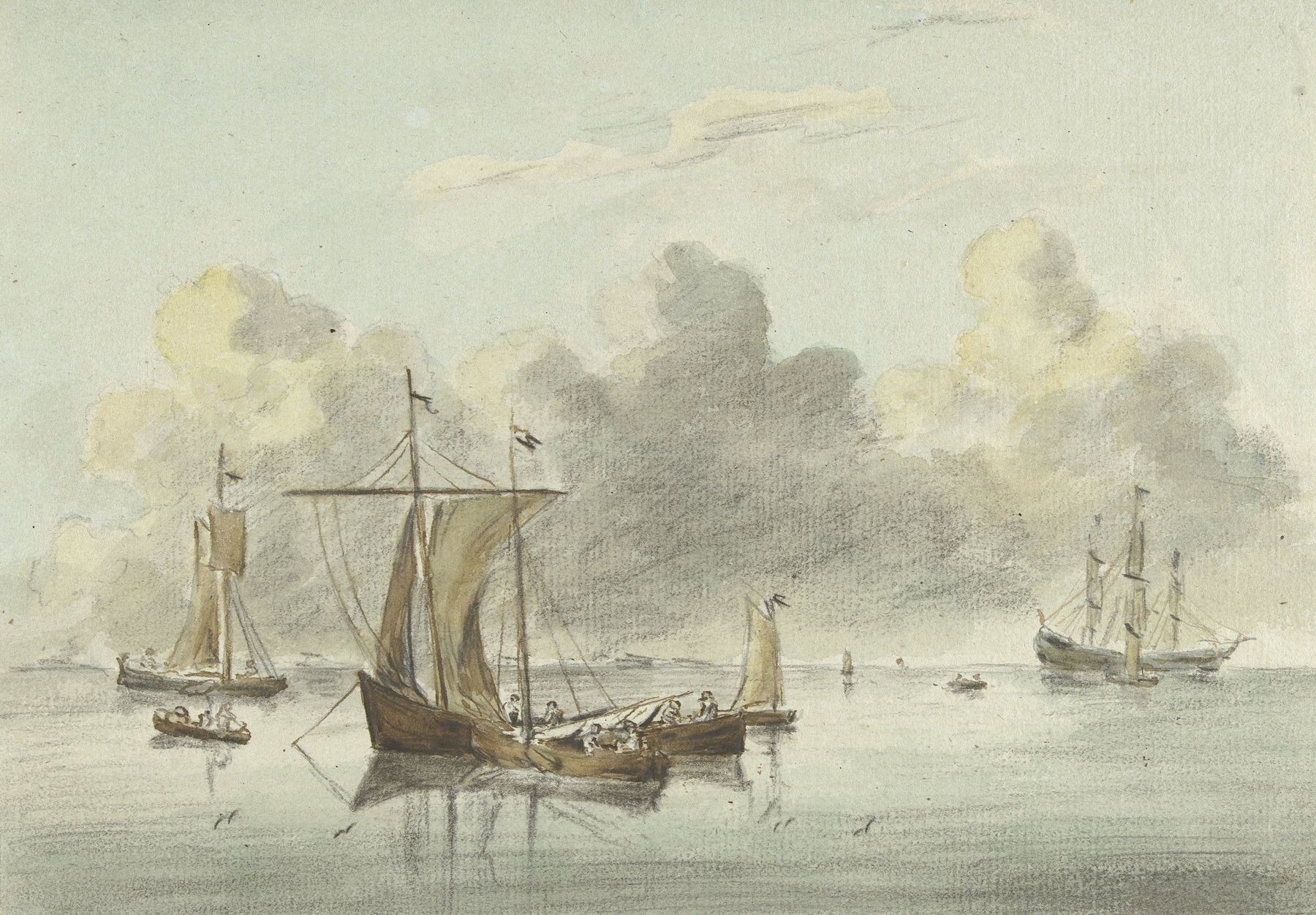 Boten in stil water by Jean Bernard, oil on canvas showing boats floating on calm water.