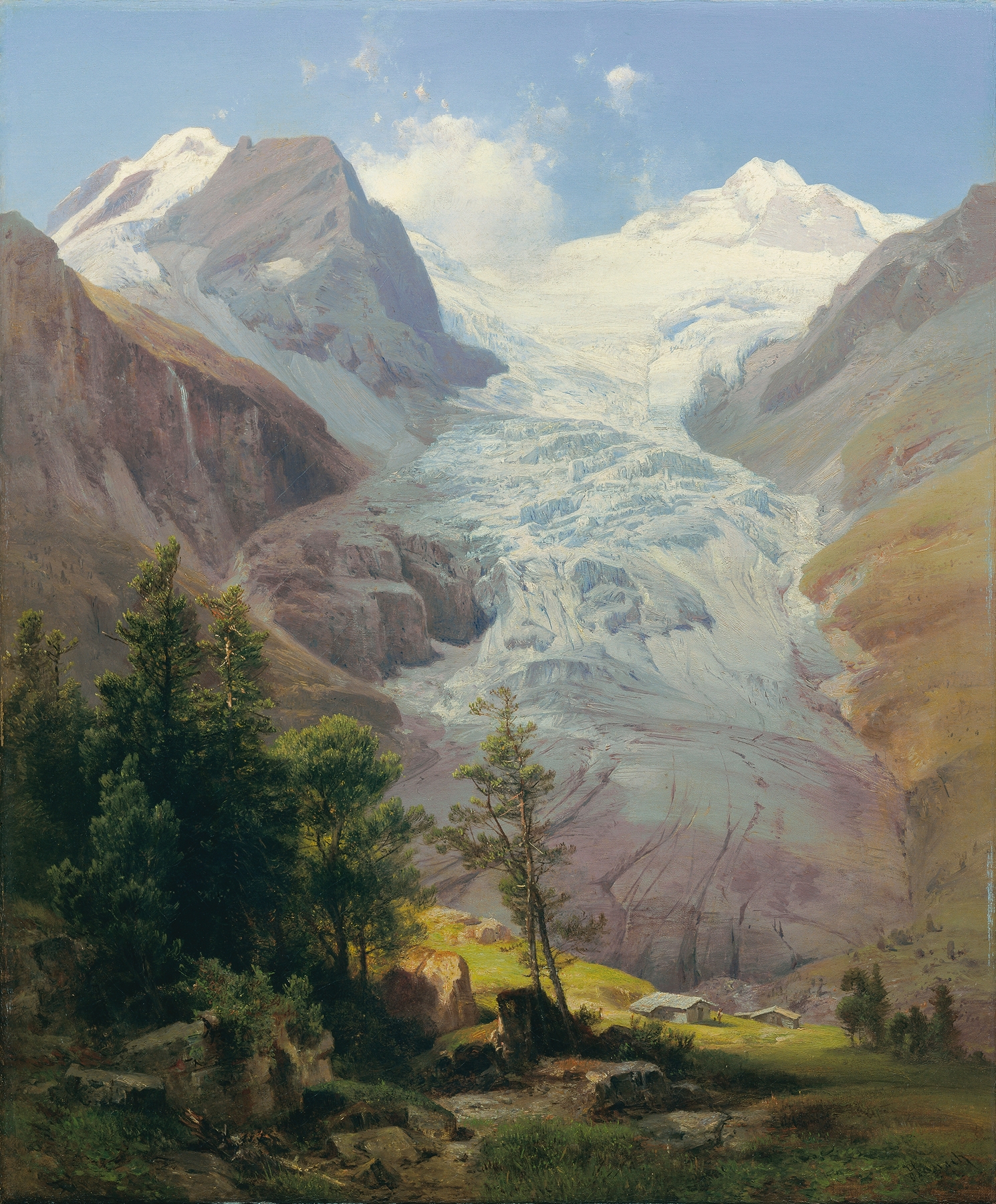Der Palügletscher by Anton Hansch, oil on canvas, depicts a glacier with sunlight illuminating the icy landscape.