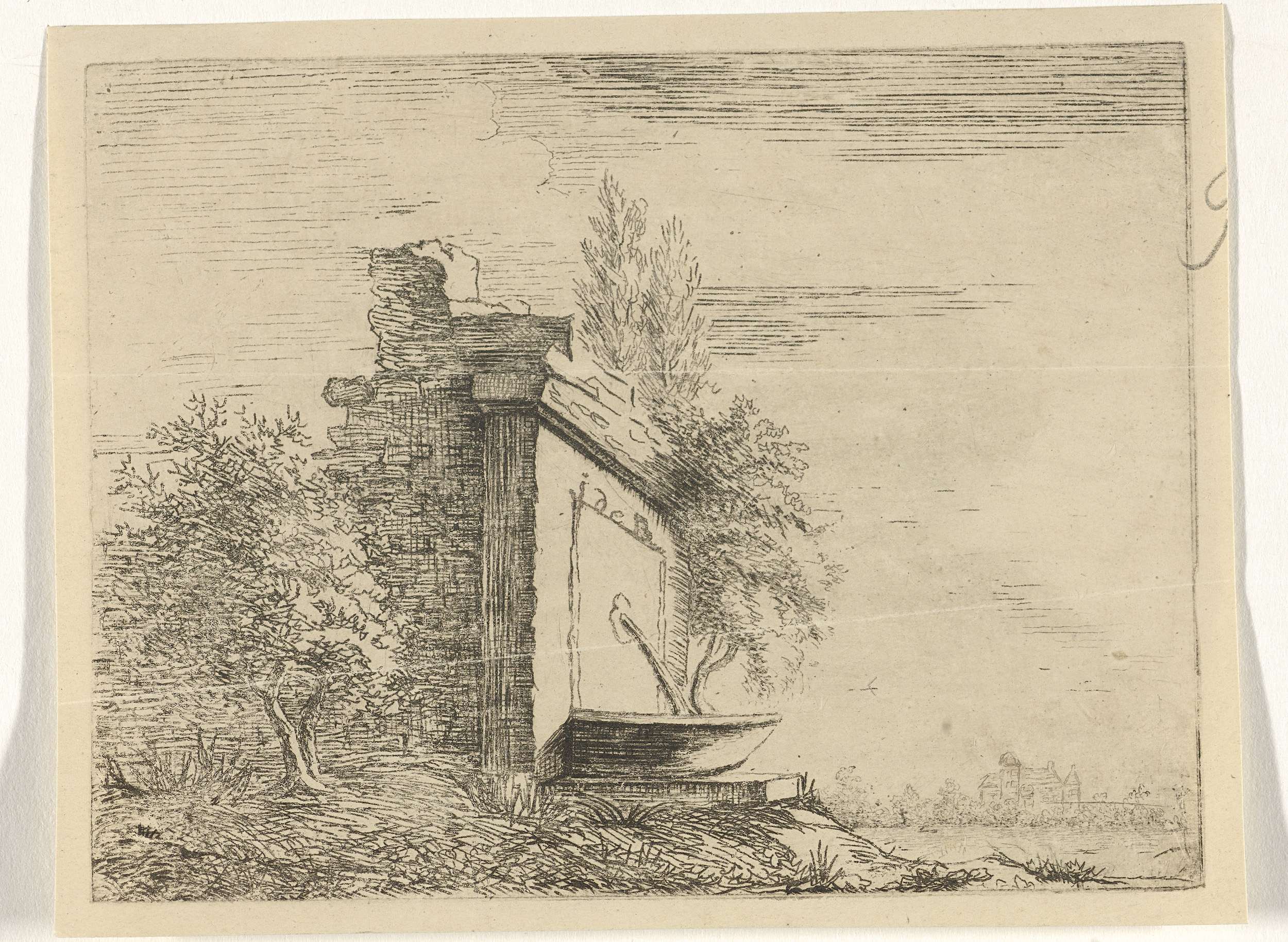Etching by Reinierus Albertus Ludovicus baron van Isendoorn à Blois showing a fountain and a crumbling wall.