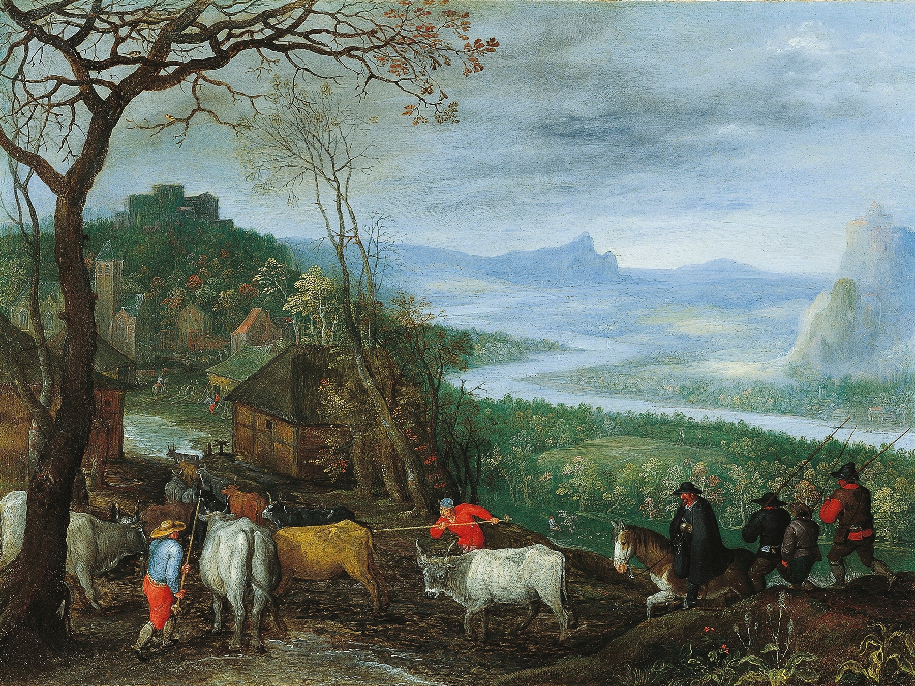 A landscape with herdsmen driving cattle to a village, by Jan Brueghel the Elder, public domain