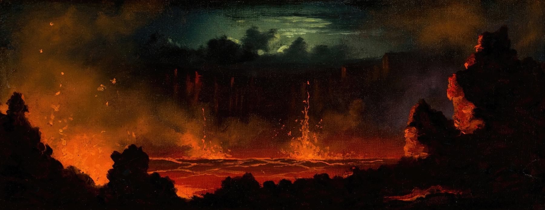 Volcanic Landscape by Jules Tavernier, oil on canvas showing a lava flow and mountainous terrain.