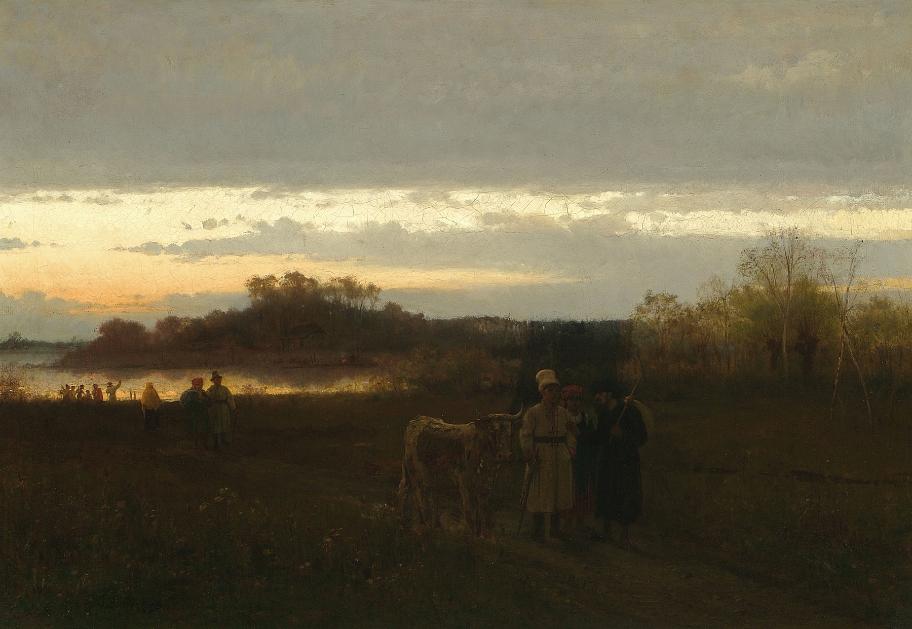 Oil on canvas by Franciszek Streitt depicting figures walking towards a fair in a rural landscape.