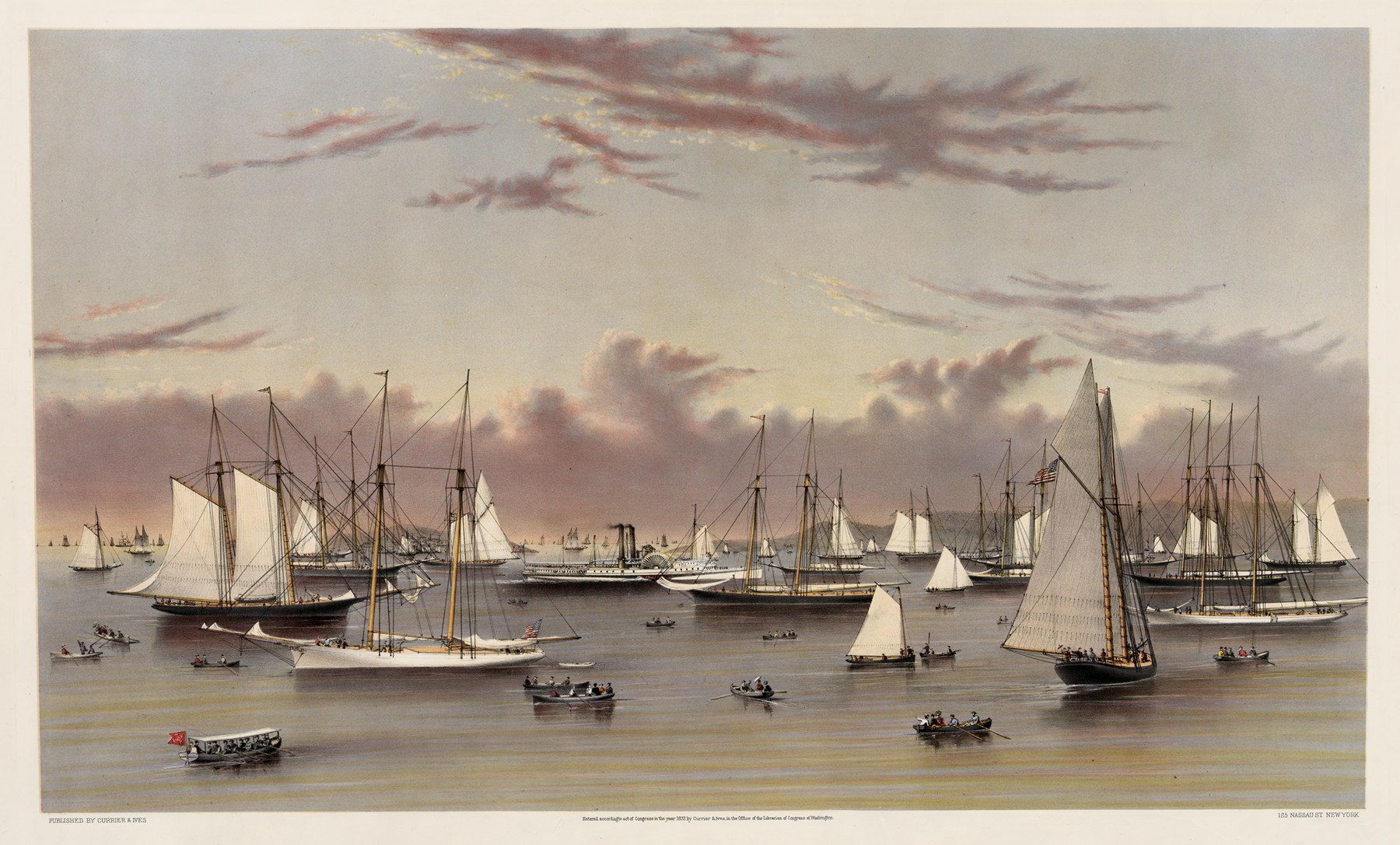 The Yacht Squadron at Newport, 1872 by Currier & Ives, depicting yachts sailing on the ocean.
