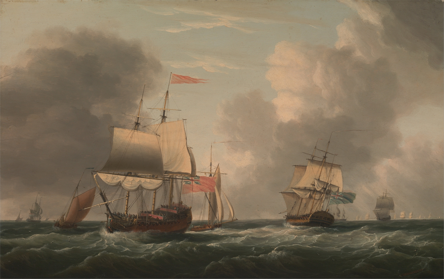 An English Two-Decker Lying Hove to, with Other Ships and Vessels in a Fresh Breeze, by Dominic Serres, public domain