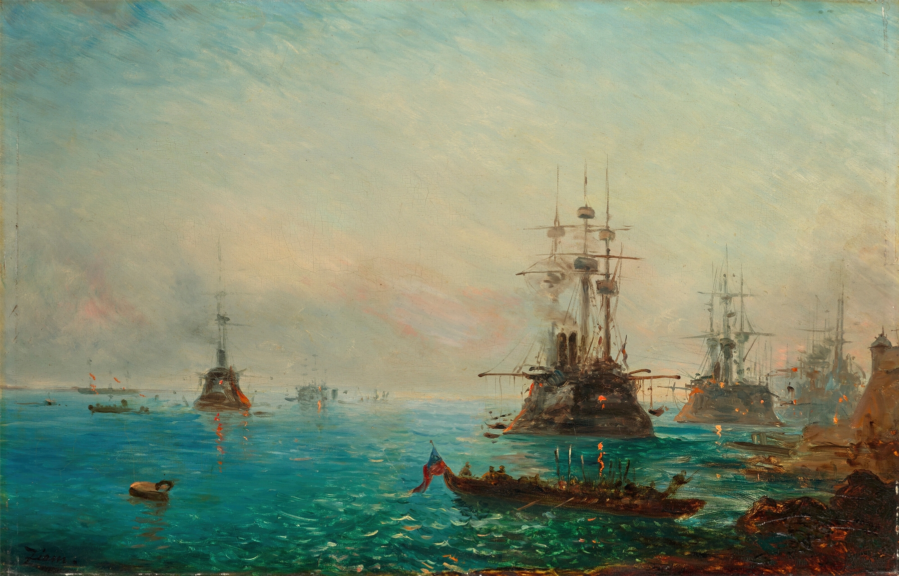 Naval squadrons in Toulon, oil painting by Félix Ziem