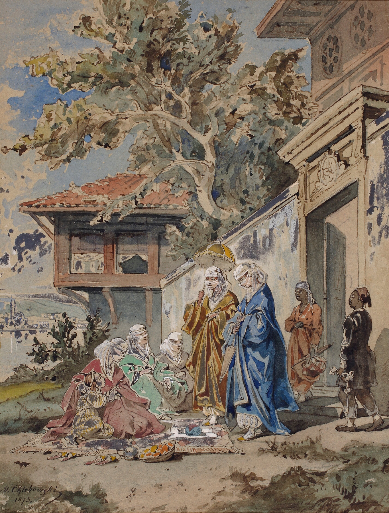Genre scene depicting Turkish women in colorful dresses, oil painting by Stanisław Chlebowski.