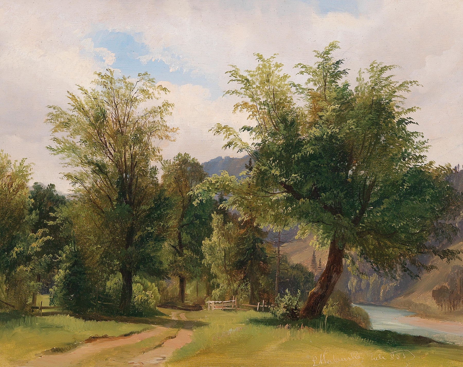Landscape with River by Ludwig Halauska, oil painting depicting a serene river and lush forest.