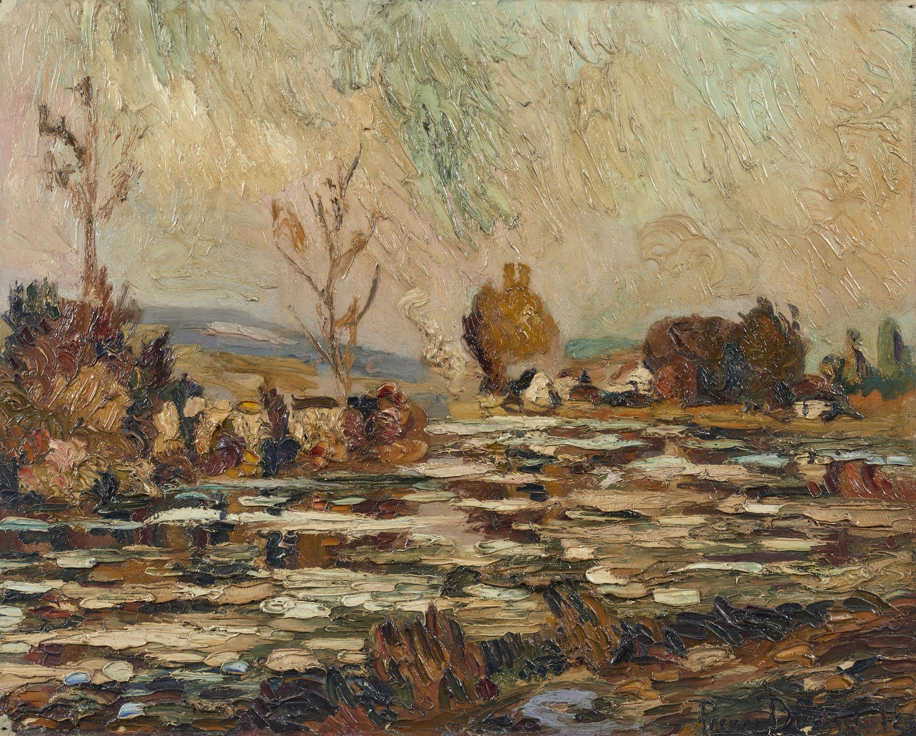 Landscape featuring a river and mist, oil painting by Pierre Dumont